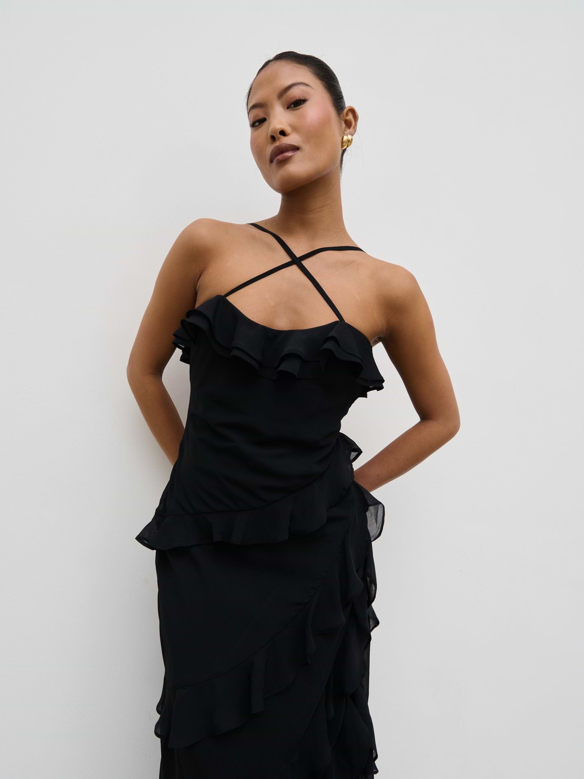 Aryana Ruffle Midaxi Dress - Black