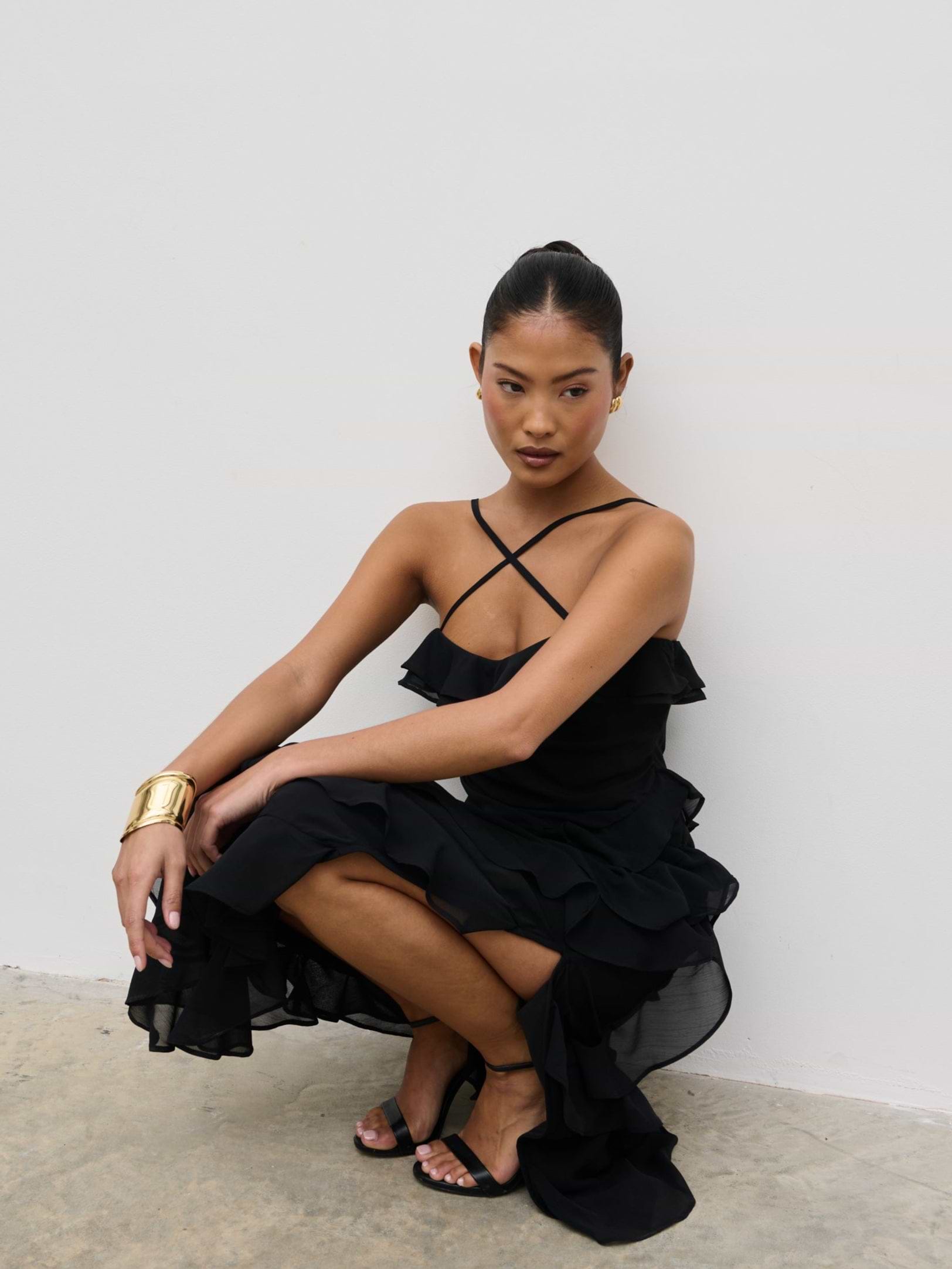 Aryana Ruffle Midaxi Dress - Black