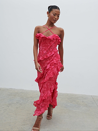 Aryana Jacquard Ruffle Midaxi Dress - Fuchsia