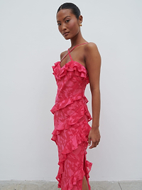 Aryana Jacquard Ruffle Midaxi Dress - Fuchsia