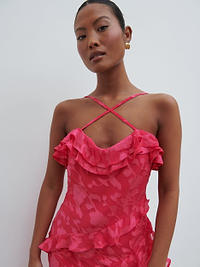 Aryana Jacquard Ruffle Midaxi Dress - Fuchsia