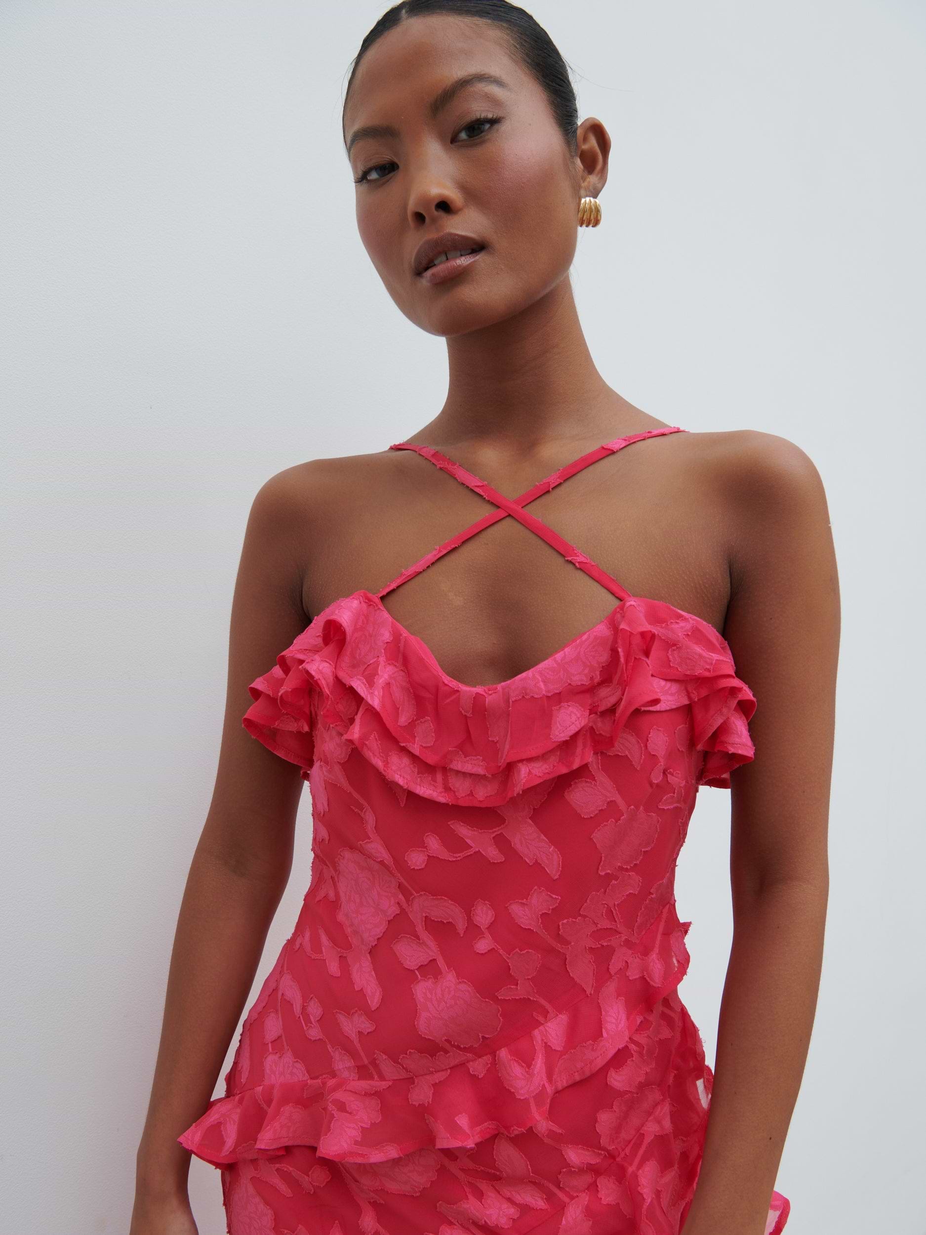 Aryana Jacquard Ruffle Midaxi Dress - Fuchsia