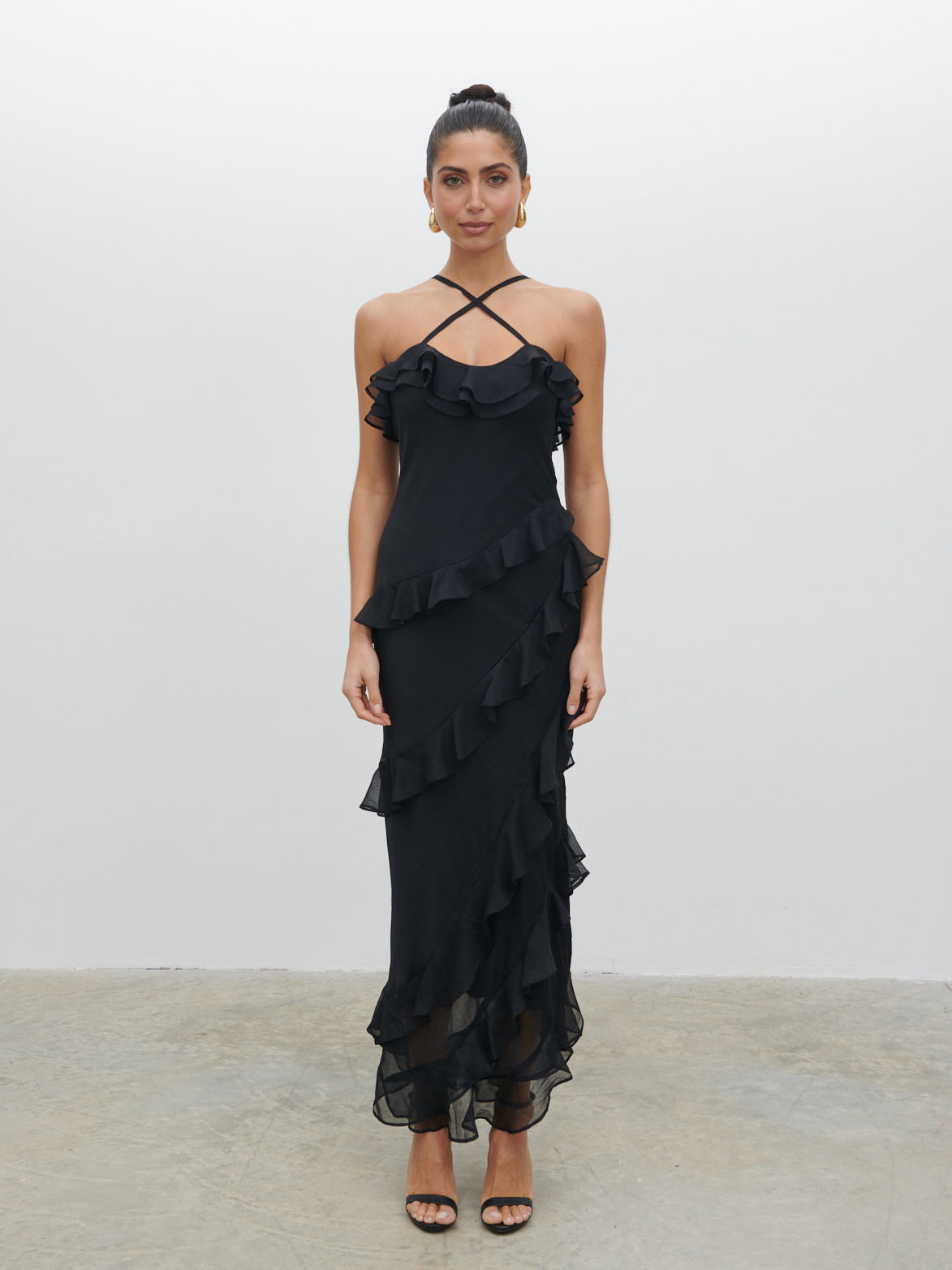 Aryana Ruffle Midaxi Dress - Black