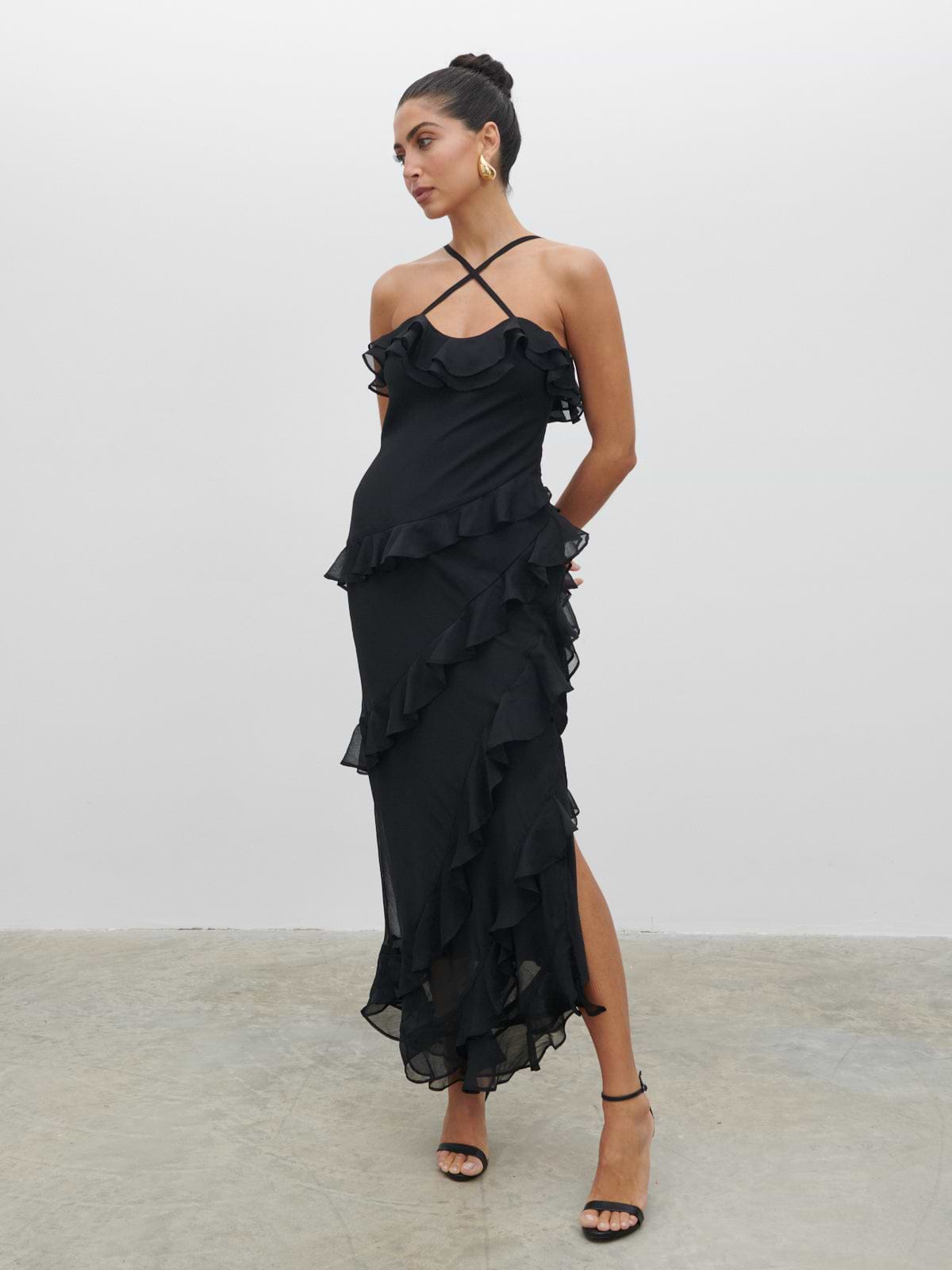 Aryana Ruffle Midaxi Dress - Black
