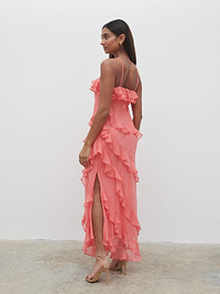 Aryana Ruffle Midaxi Dress - Deep Coral