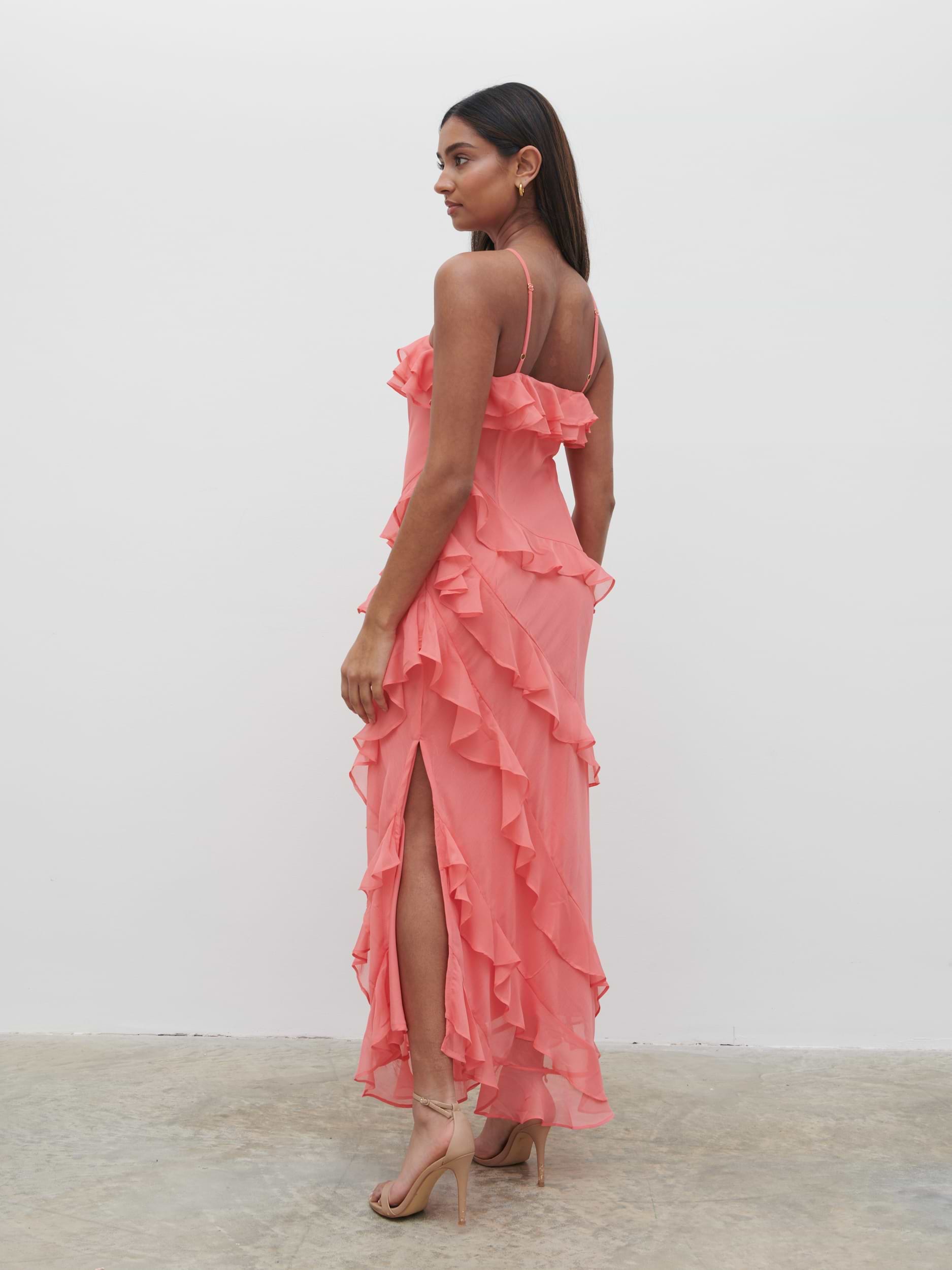 Aryana Ruffle Midaxi Dress - Deep Coral