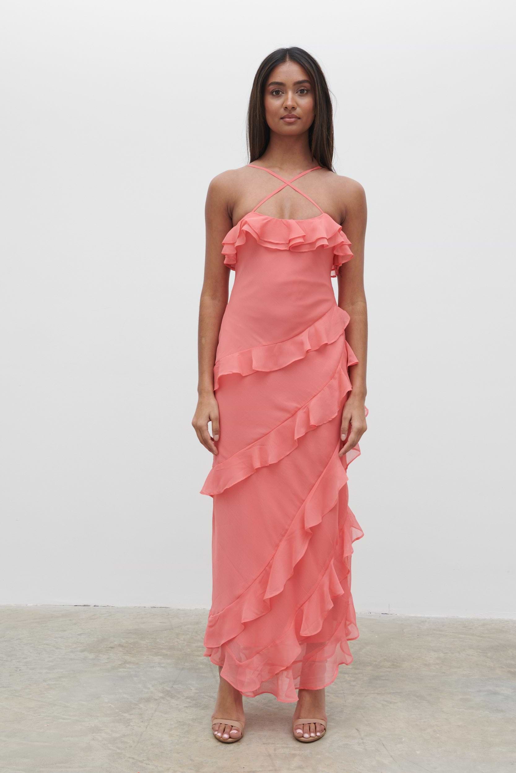 Aryana Ruffle Midaxi Dress - Deep Coral