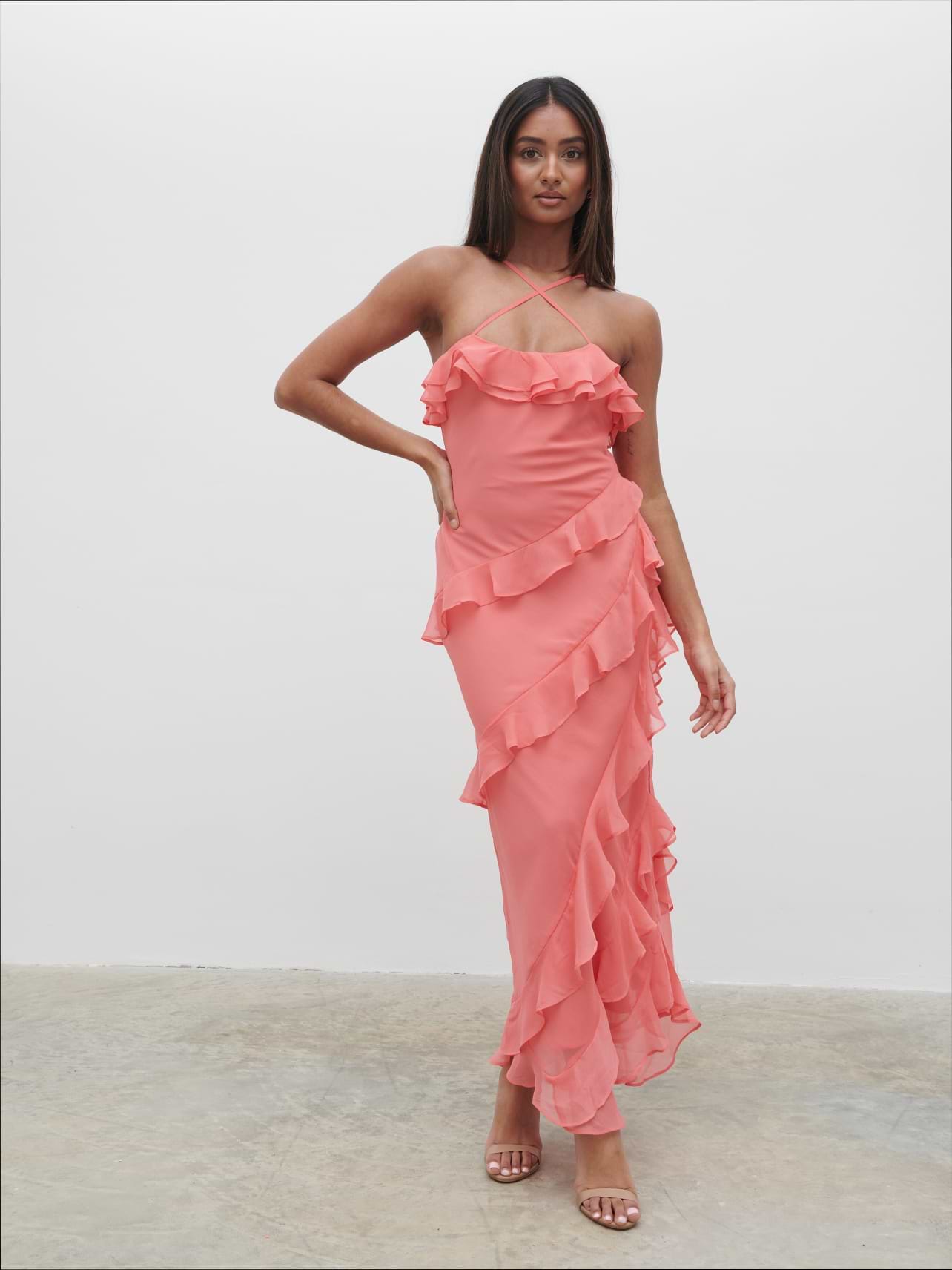Aryana Ruffle Midaxi Dress - Deep Coral