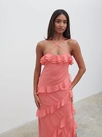 Aryana Ruffle Midaxi Dress - Deep Coral