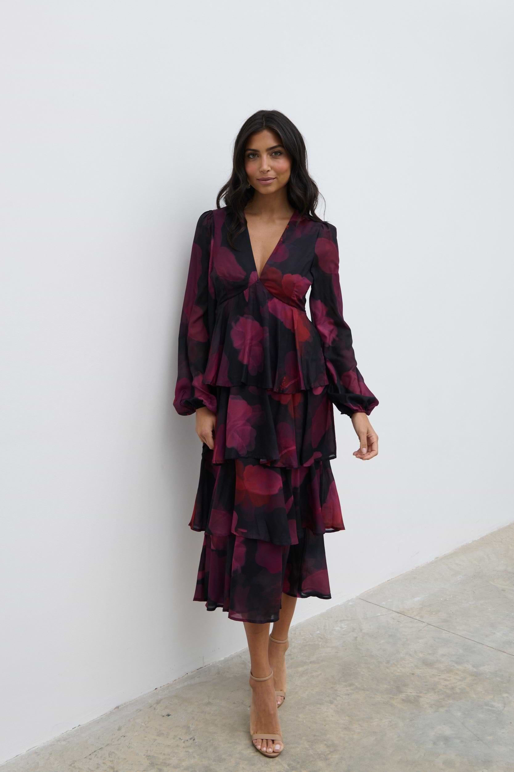 Ashton Ruffle Midi Dress - Berry