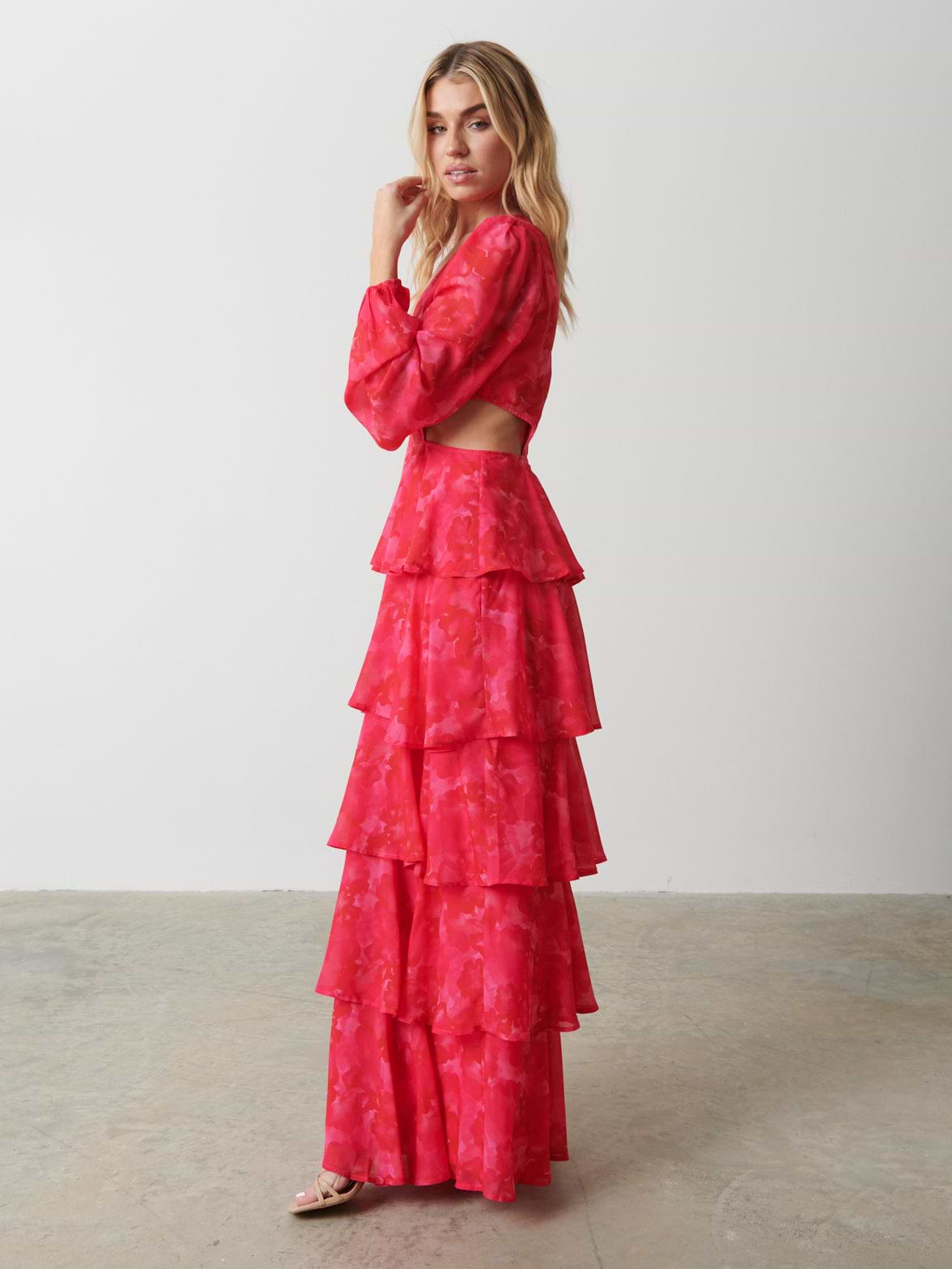 Ashton Cut Out Maxi Dress - Pink and Red Watercolour