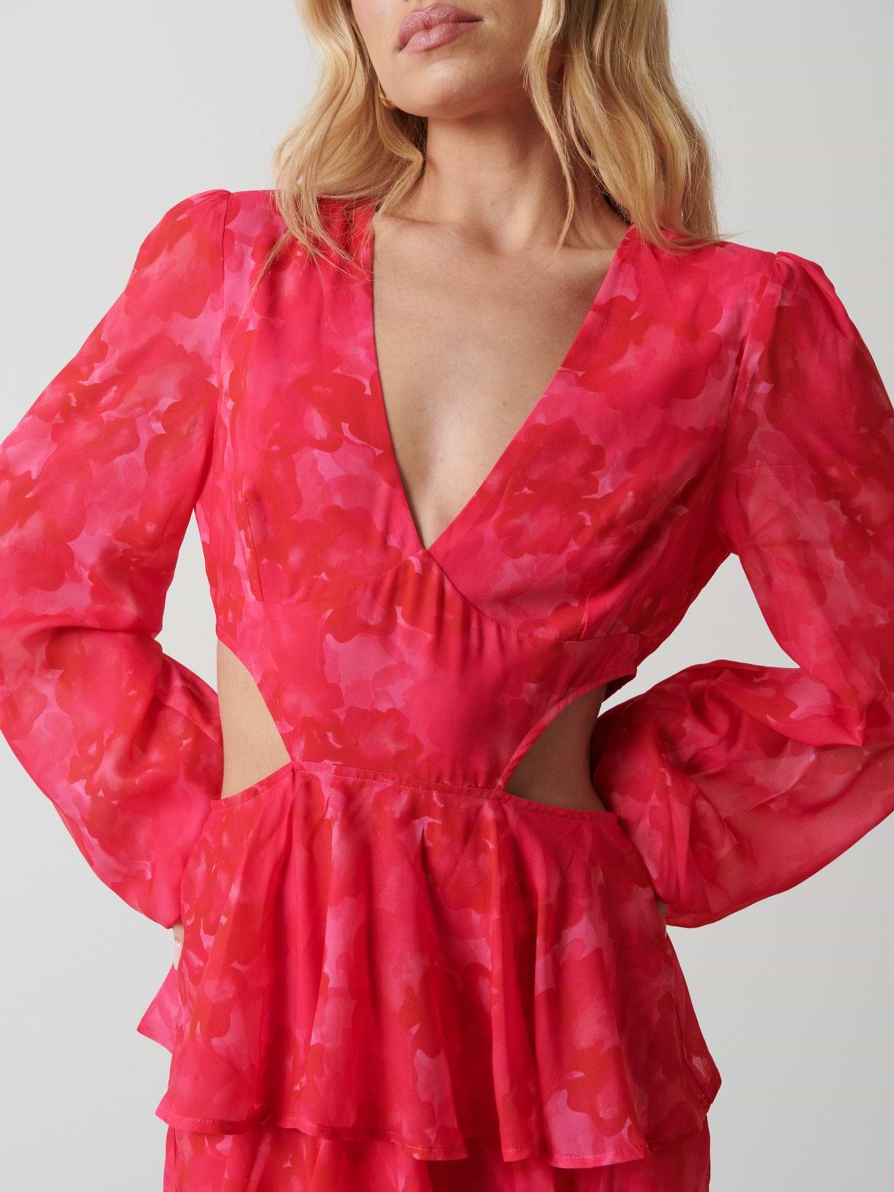 Ashton Cut Out Maxi Dress - Pink and Red Watercolour