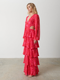 Ashton Cut Out Maxi Dress - Pink and Red Watercolour