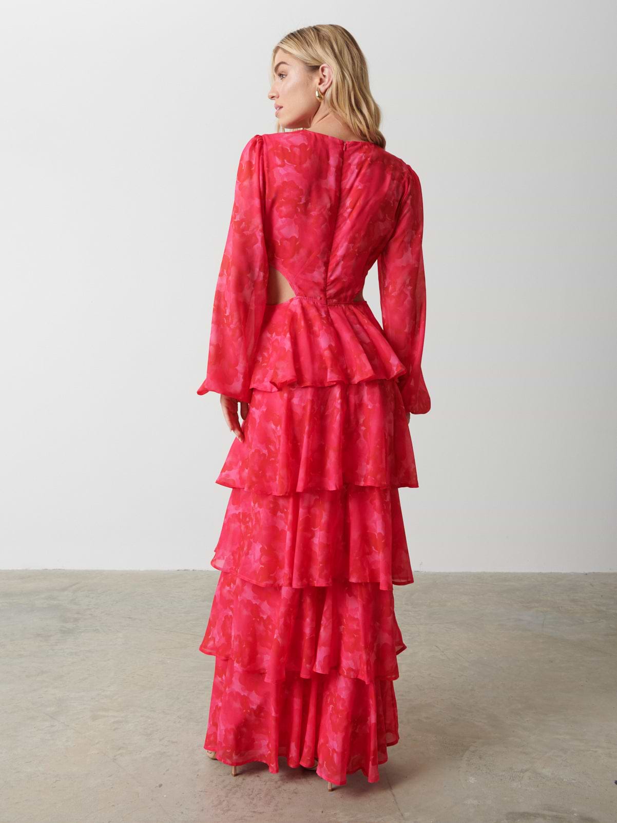 Ashton Cut Out Maxi Dress - Pink and Red Watercolour