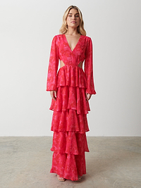 Ashton Cut Out Maxi Dress - Pink and Red Watercolour