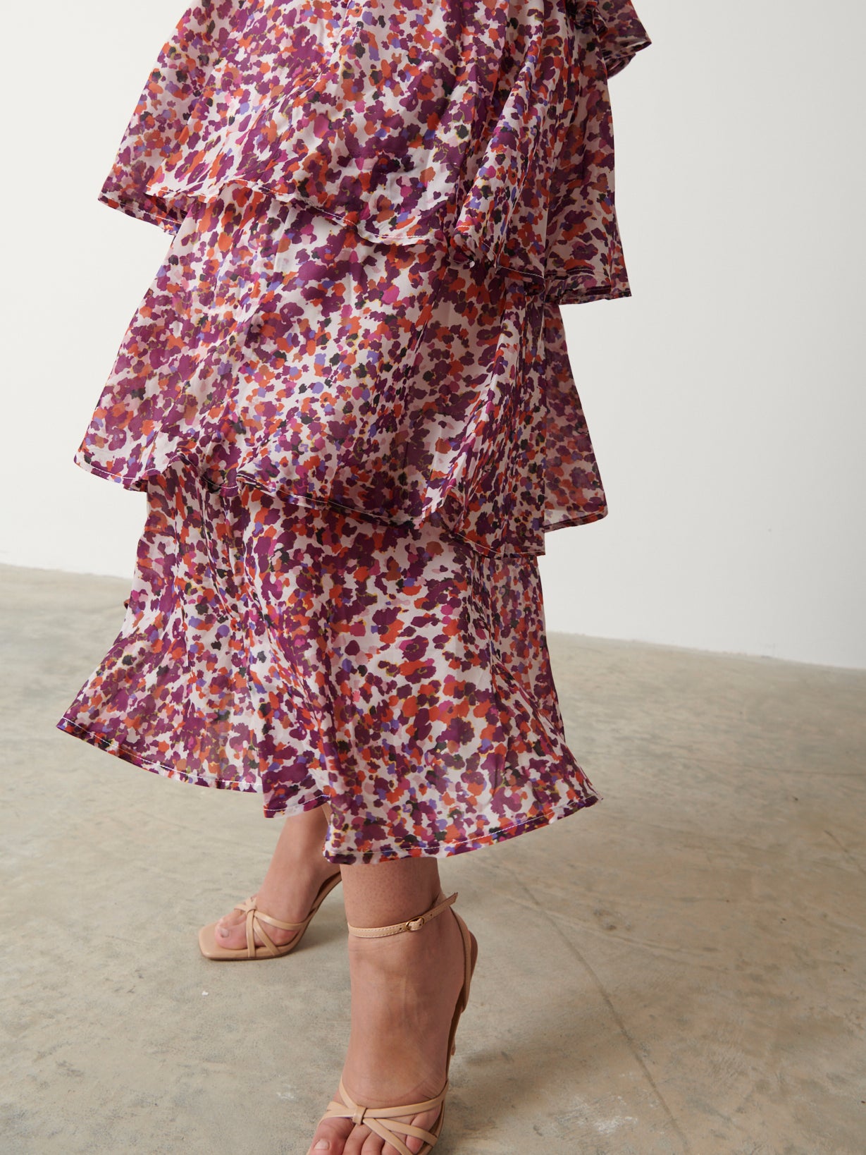 Ashton Ruffle Midi Dress - Coral Abstract