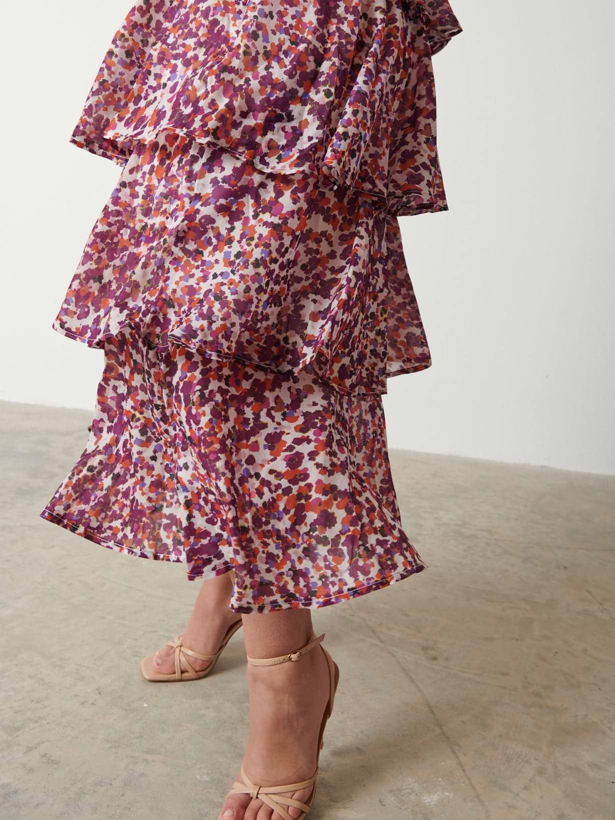 Ashton Ruffle Midi Dress  - Coral Abstract