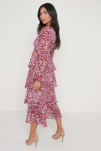 Ashton Ruffle Midi Dress  - Coral Abstract