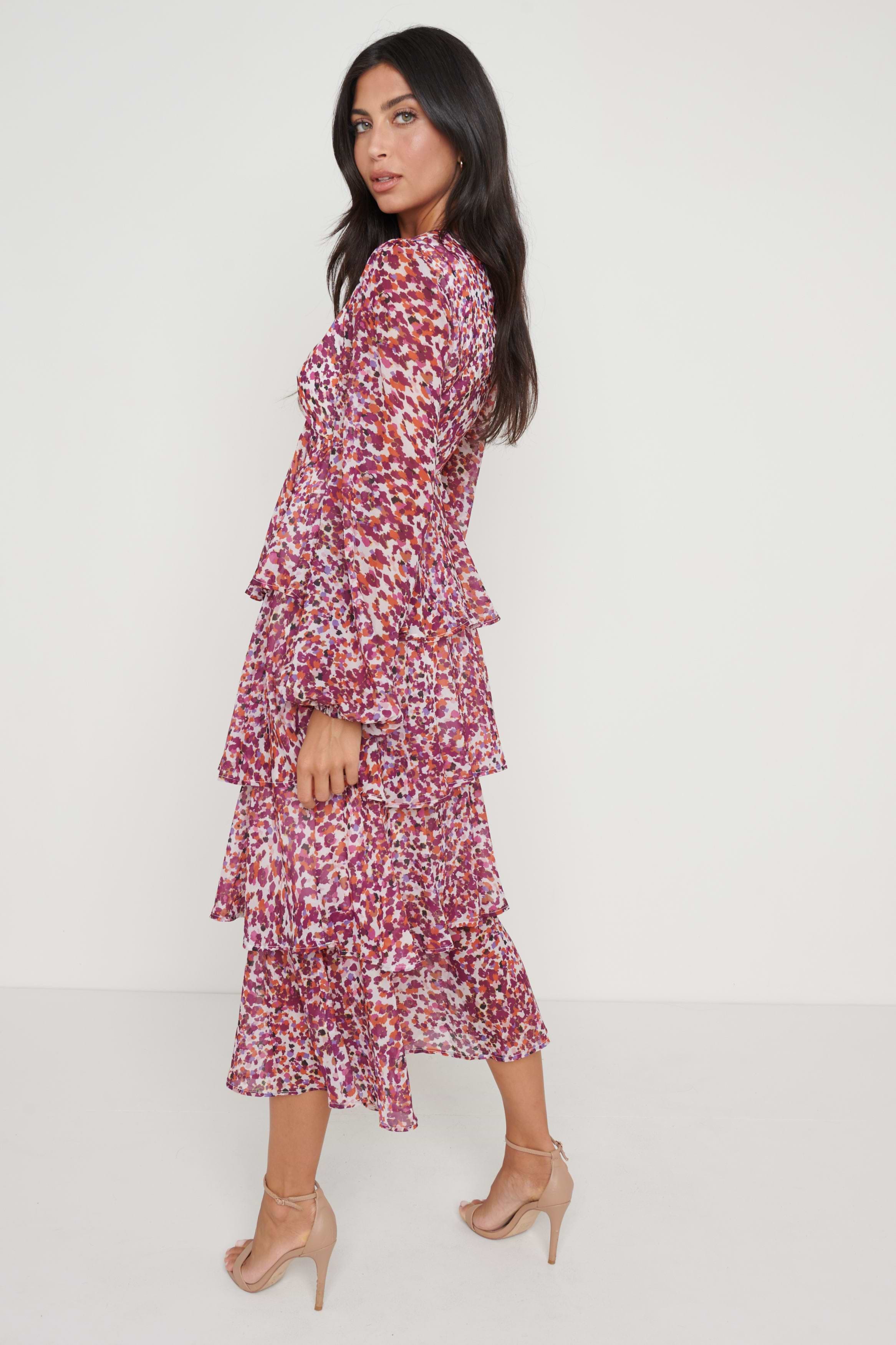 Ashton Ruffle Midi Dress  - Coral Abstract