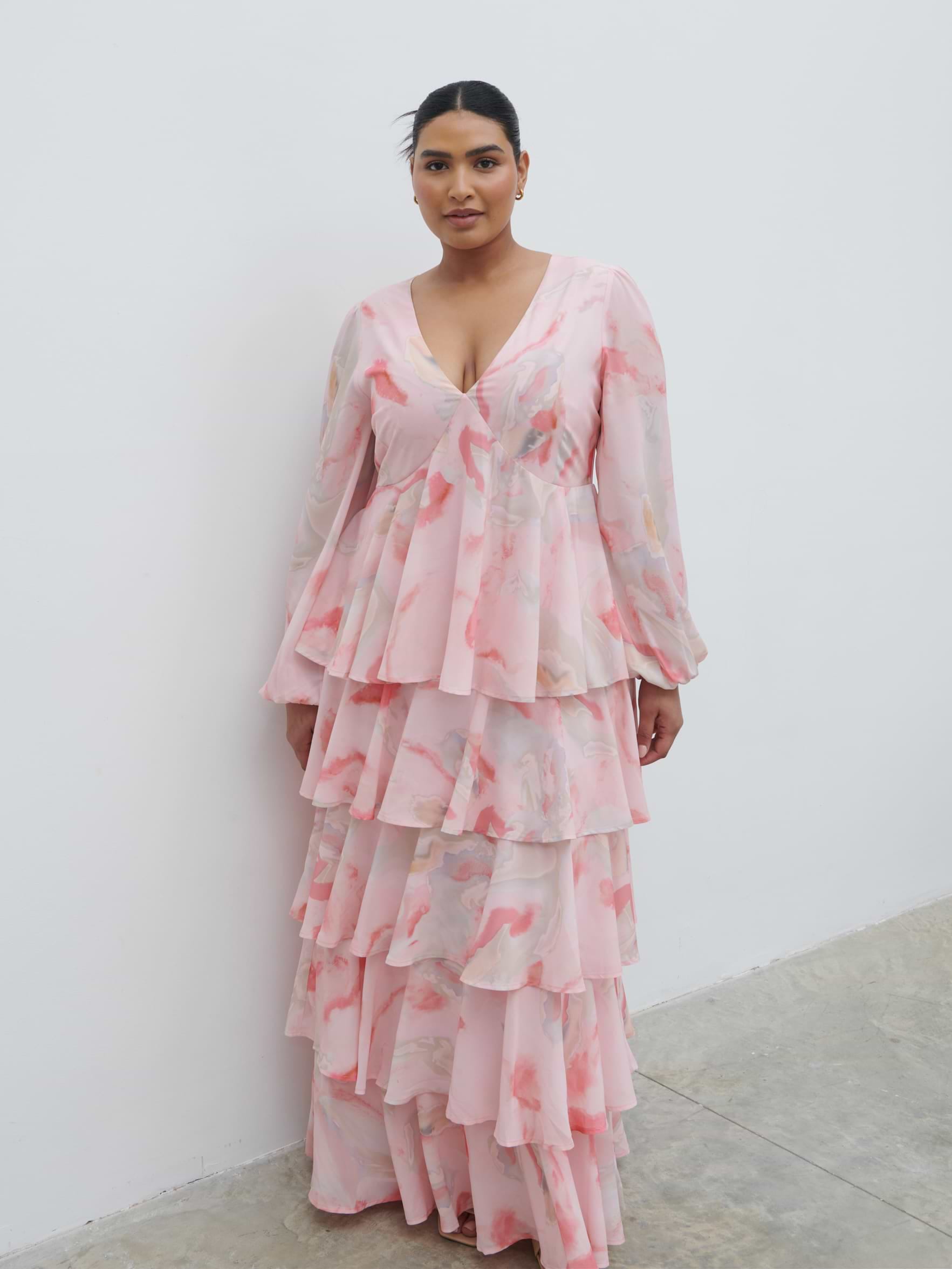 Ashton Ruffle Maxi Dress Curve - Pink Marble Ombre