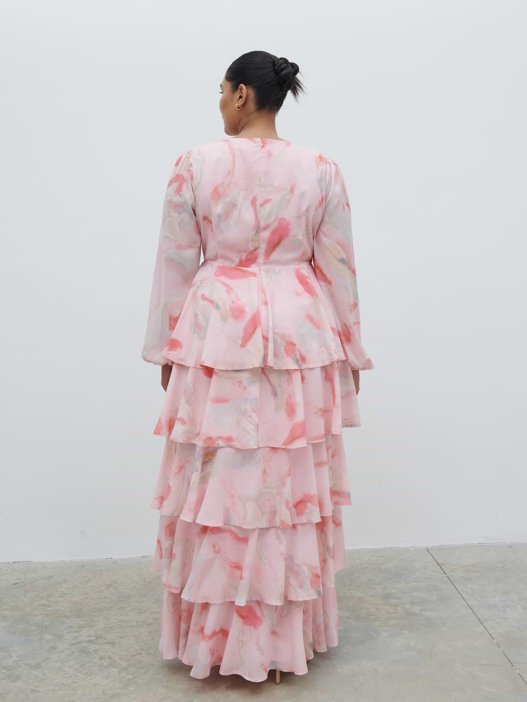 Ashton Ruffle Maxi Dress Curve - Pink Marble Ombre