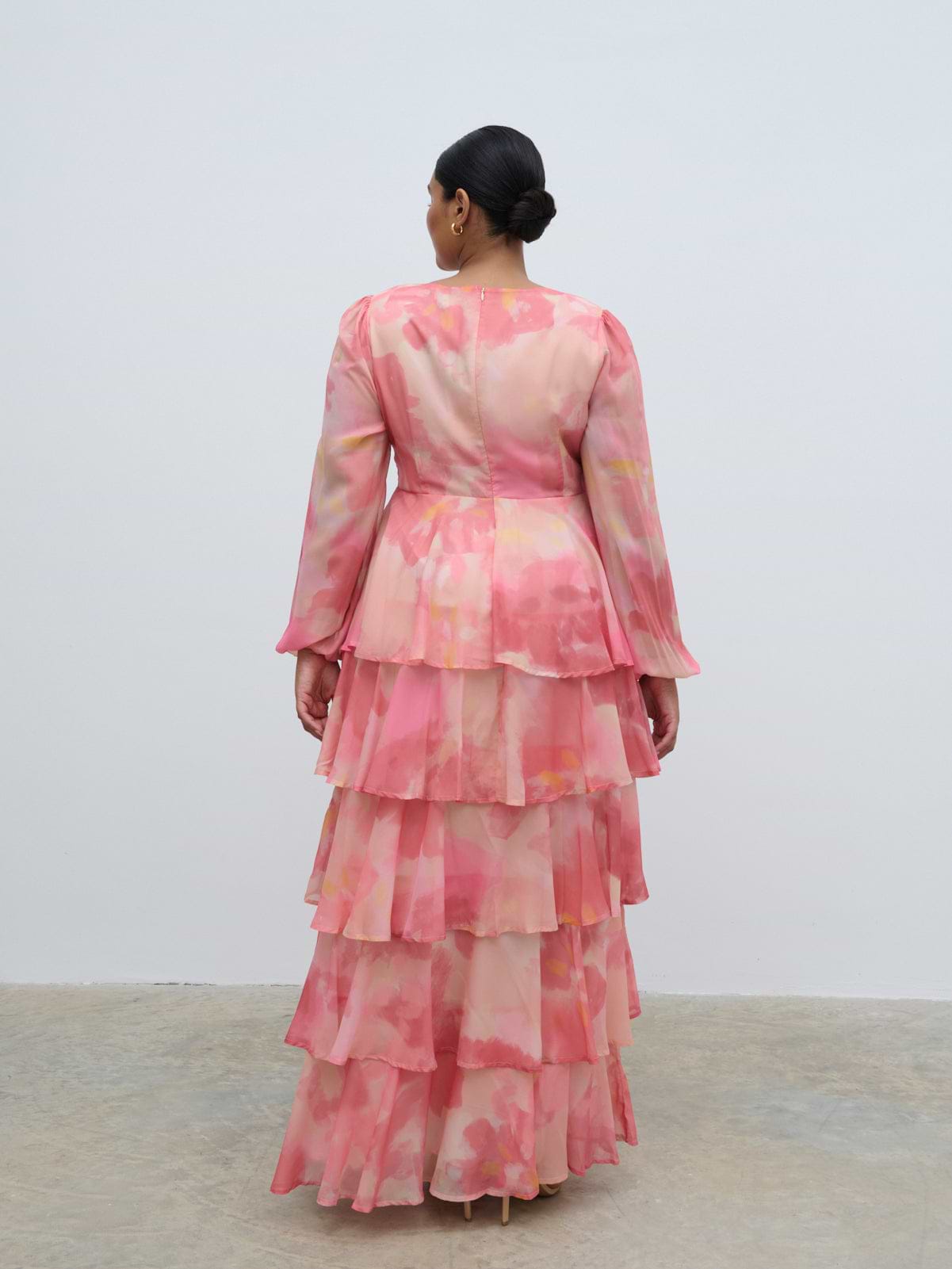 Ashton Ruffle Maxi Dress Curve - Dusky Rose Watercolour