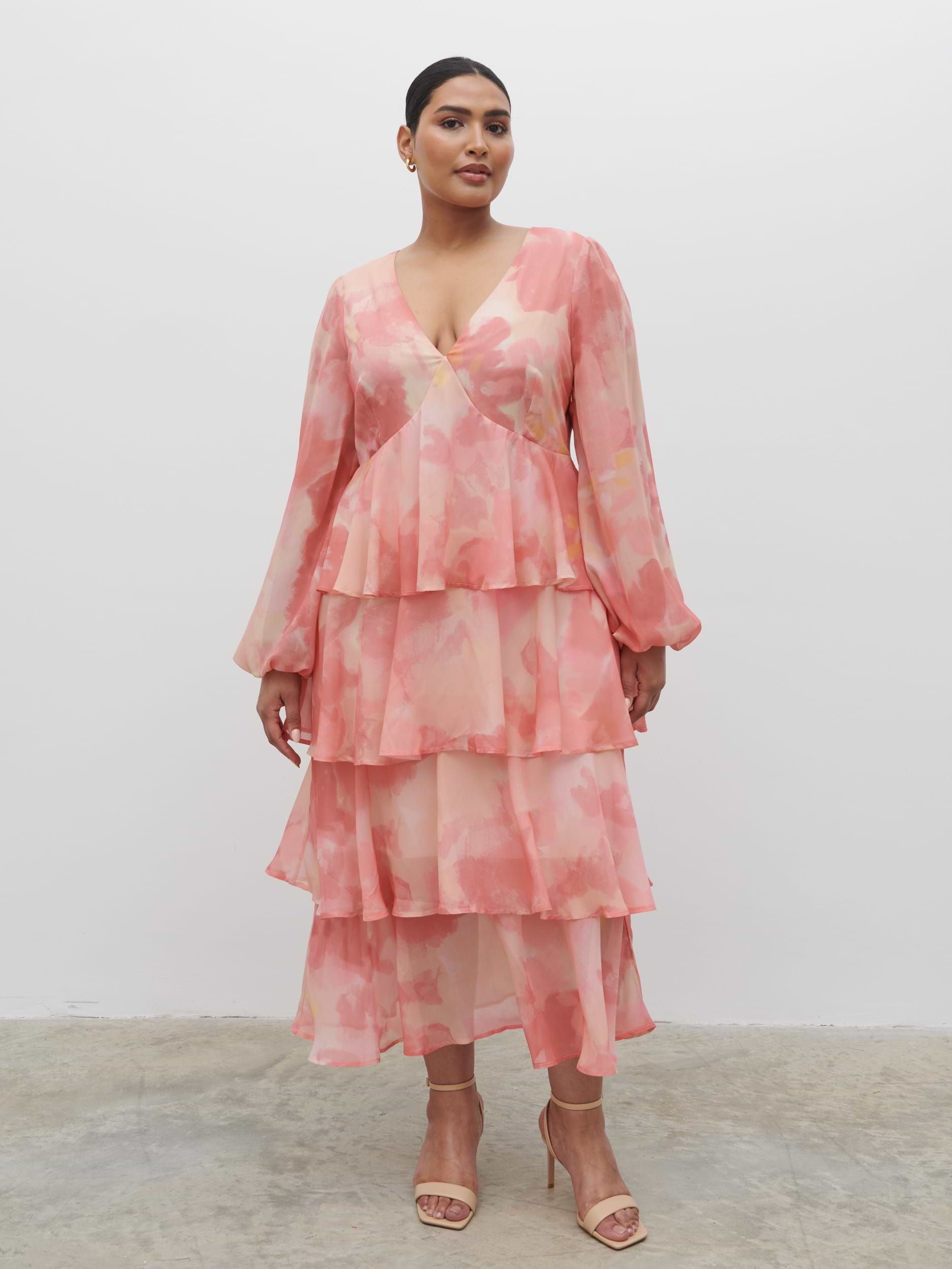 Ashton Ruffle Midi Dress Curve - Dusky Rose Watercolour