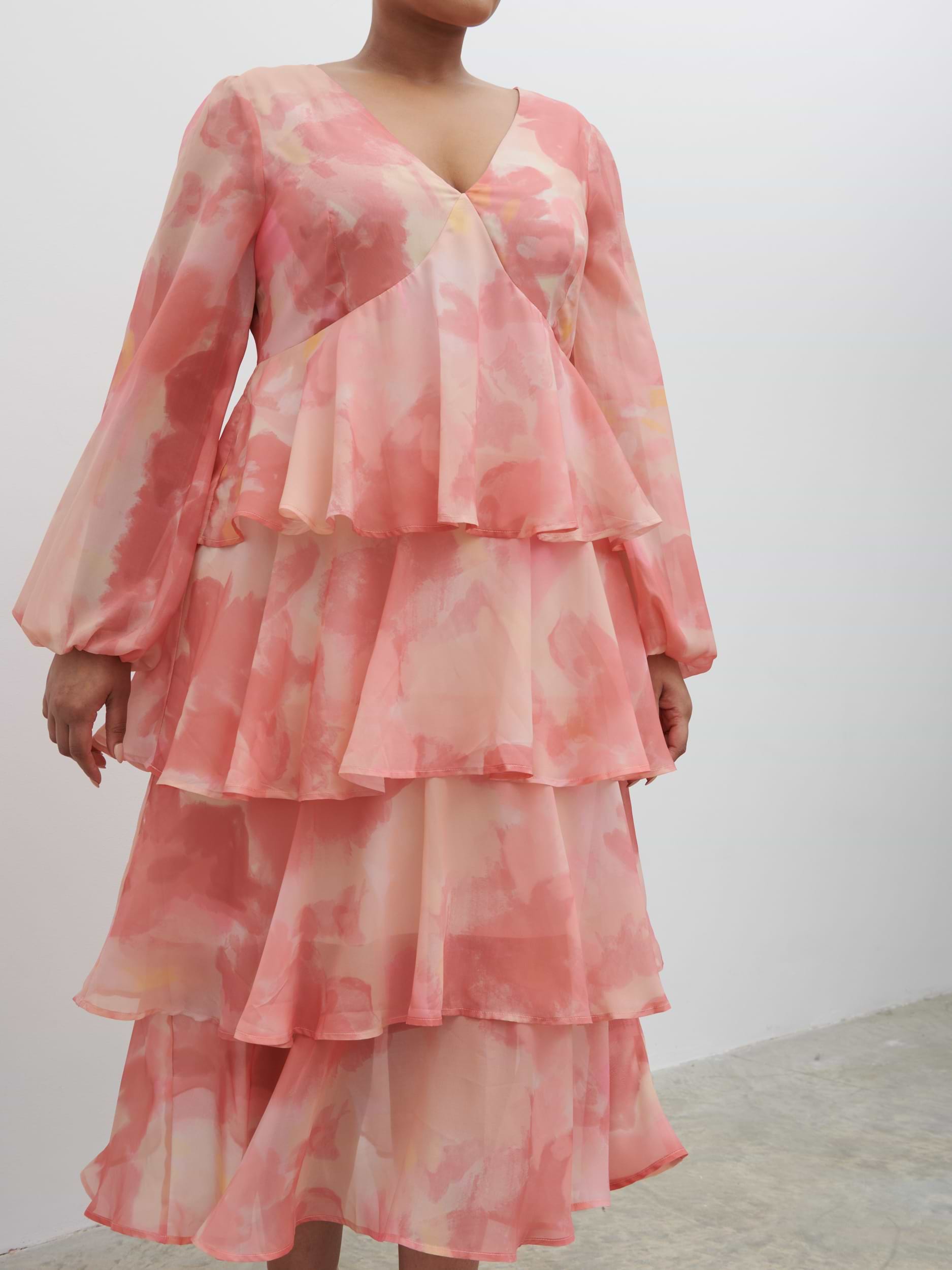 Ashton Ruffle Midi Dress Curve - Dusky Rose Watercolour