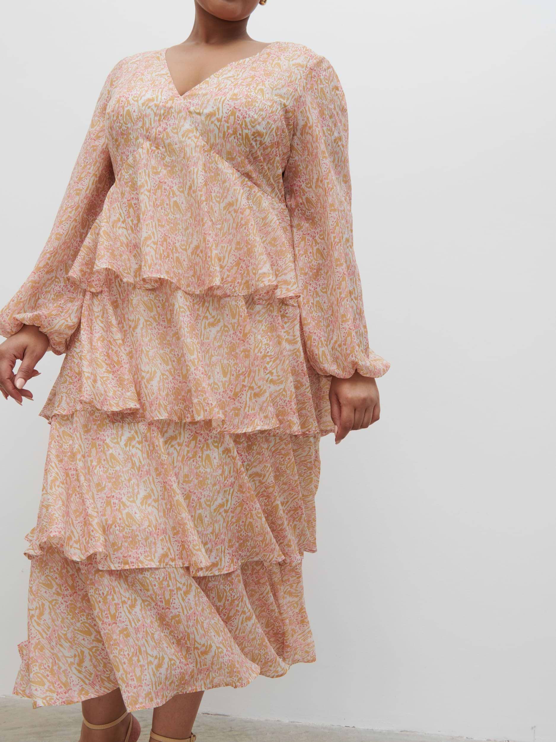 Ashton Ruffle Midi Dress Curve - Ditsy Animal Sorbet Print