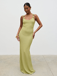 Astrid Rosette Sleeve Knit Maxi Dress - Green