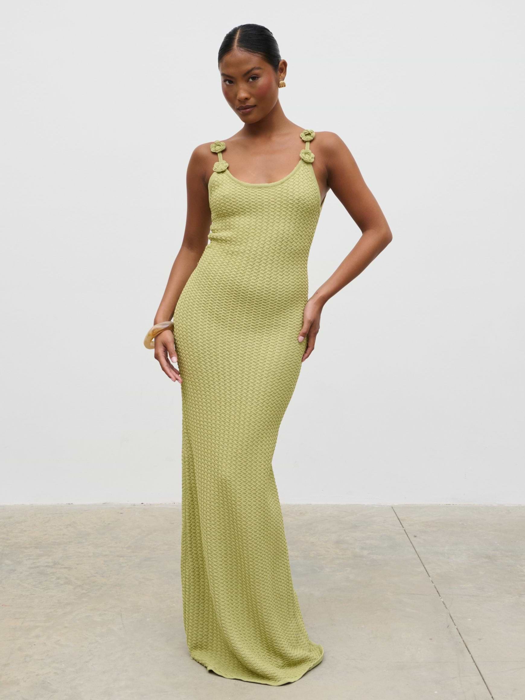 Astrid Rosette Sleeve Knit Maxi Dress - Green
