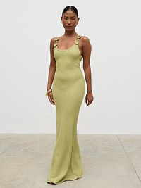 Astrid Rosette Sleeve Knit Maxi Dress - Green
