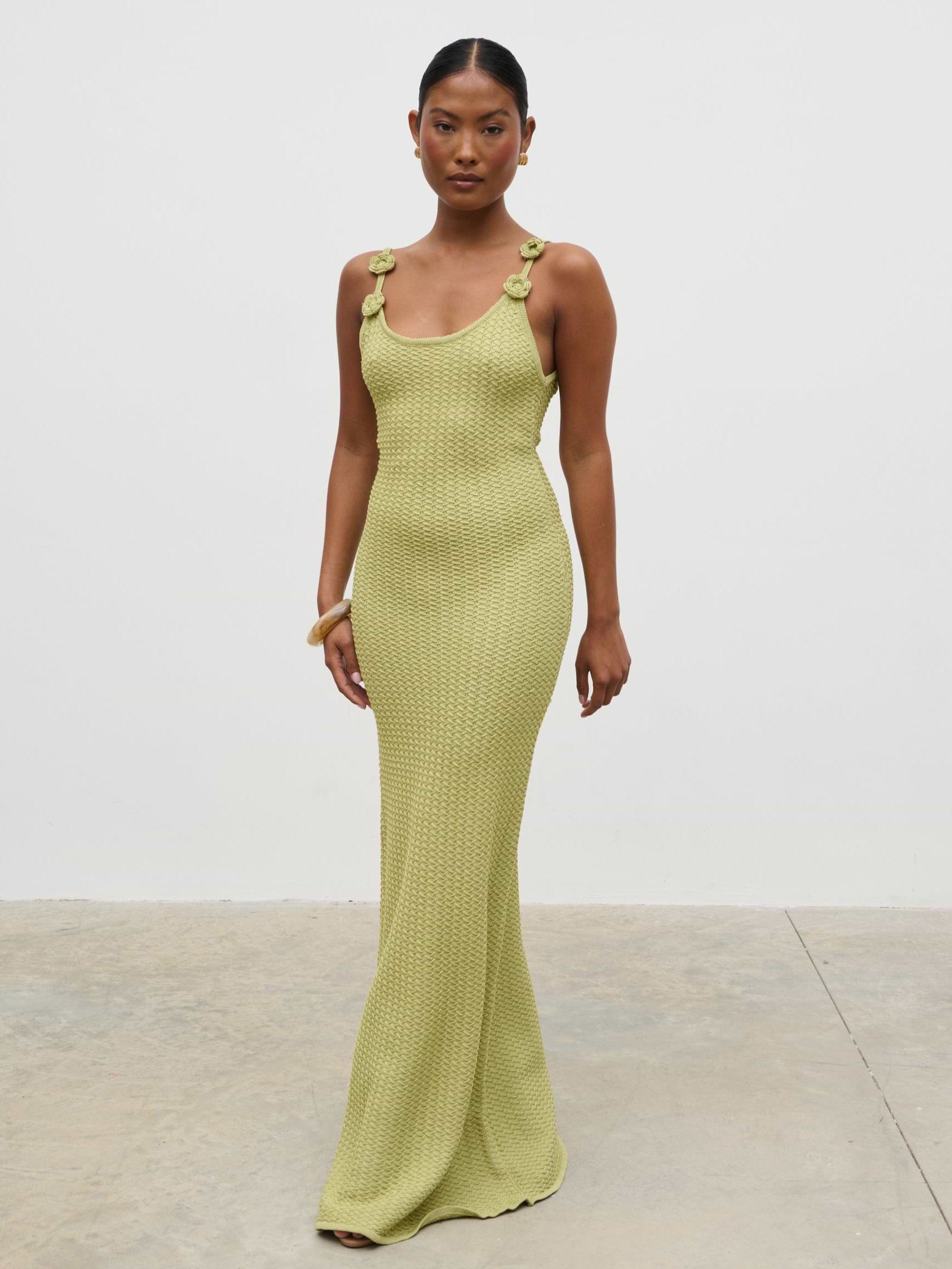 Astrid Rosette Sleeve Knit Maxi Dress - Green