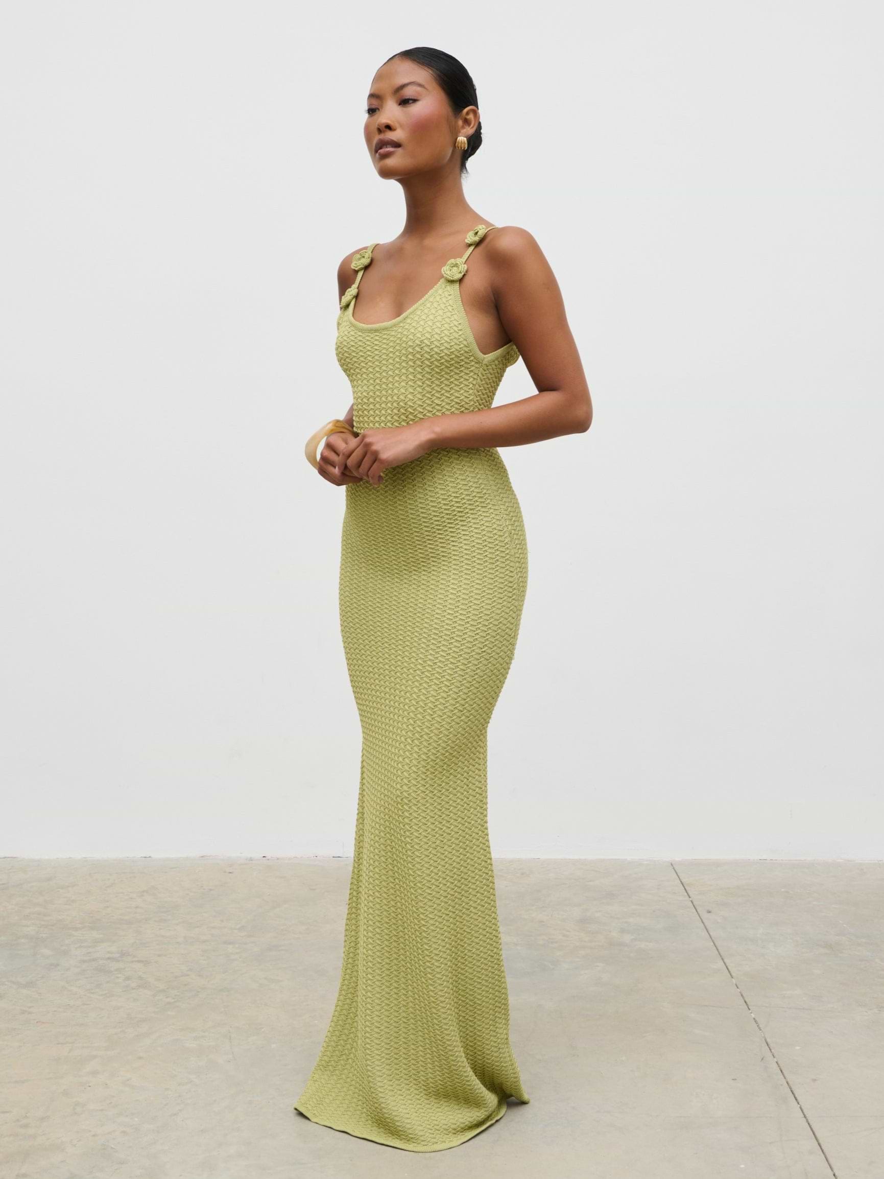 Astrid Rosette Sleeve Knit Maxi Dress - Green