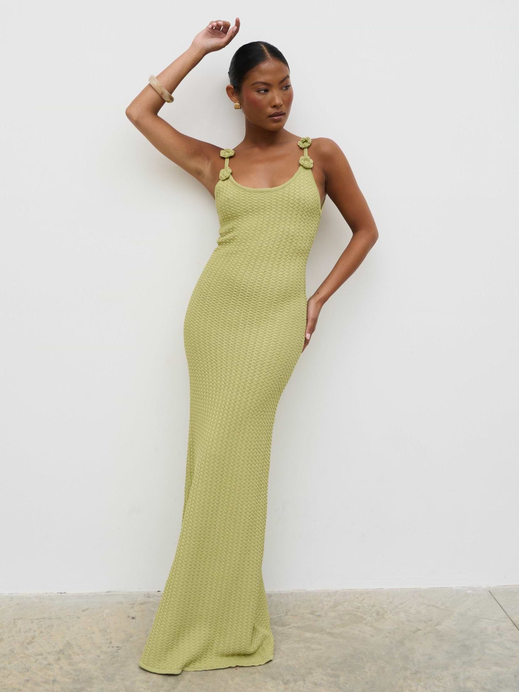 Astrid Rosette Sleeve Knit Maxi Dress - Green