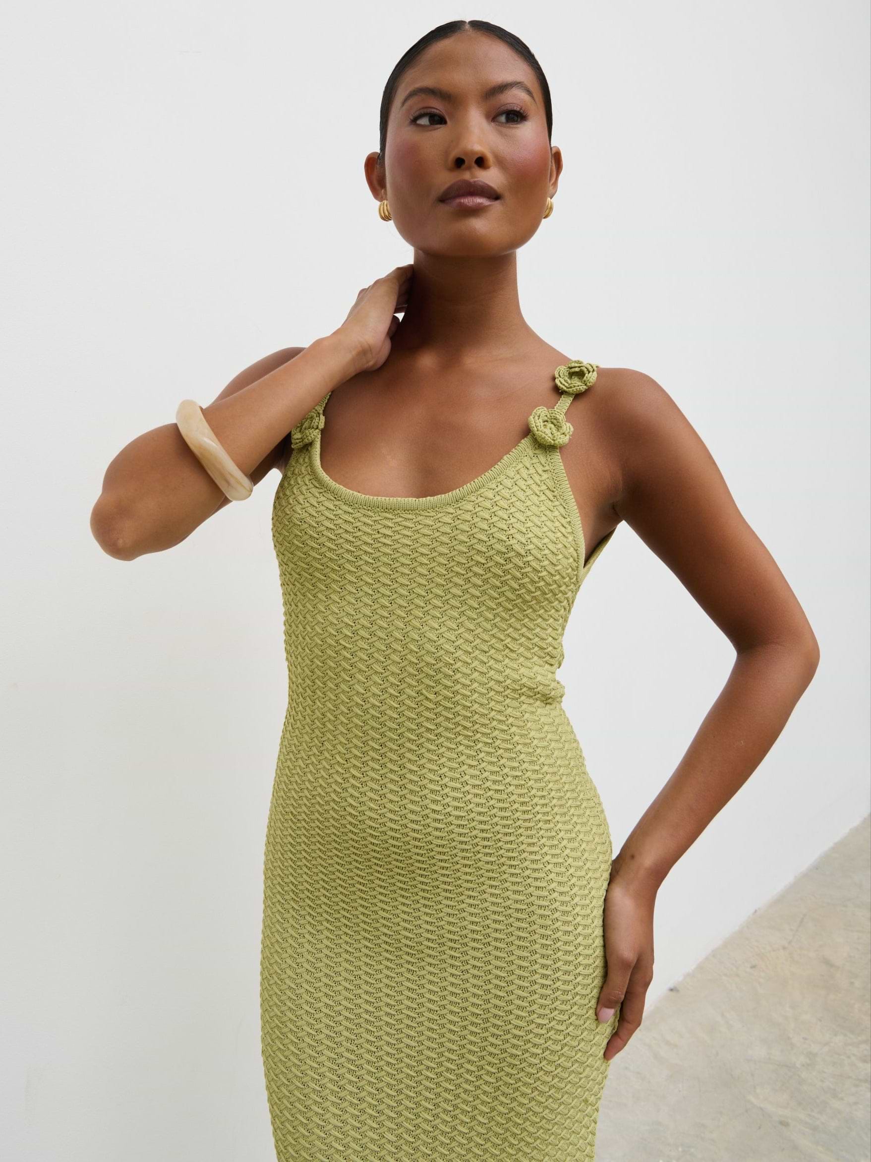 Astrid Rosette Sleeve Knit Maxi Dress - Green