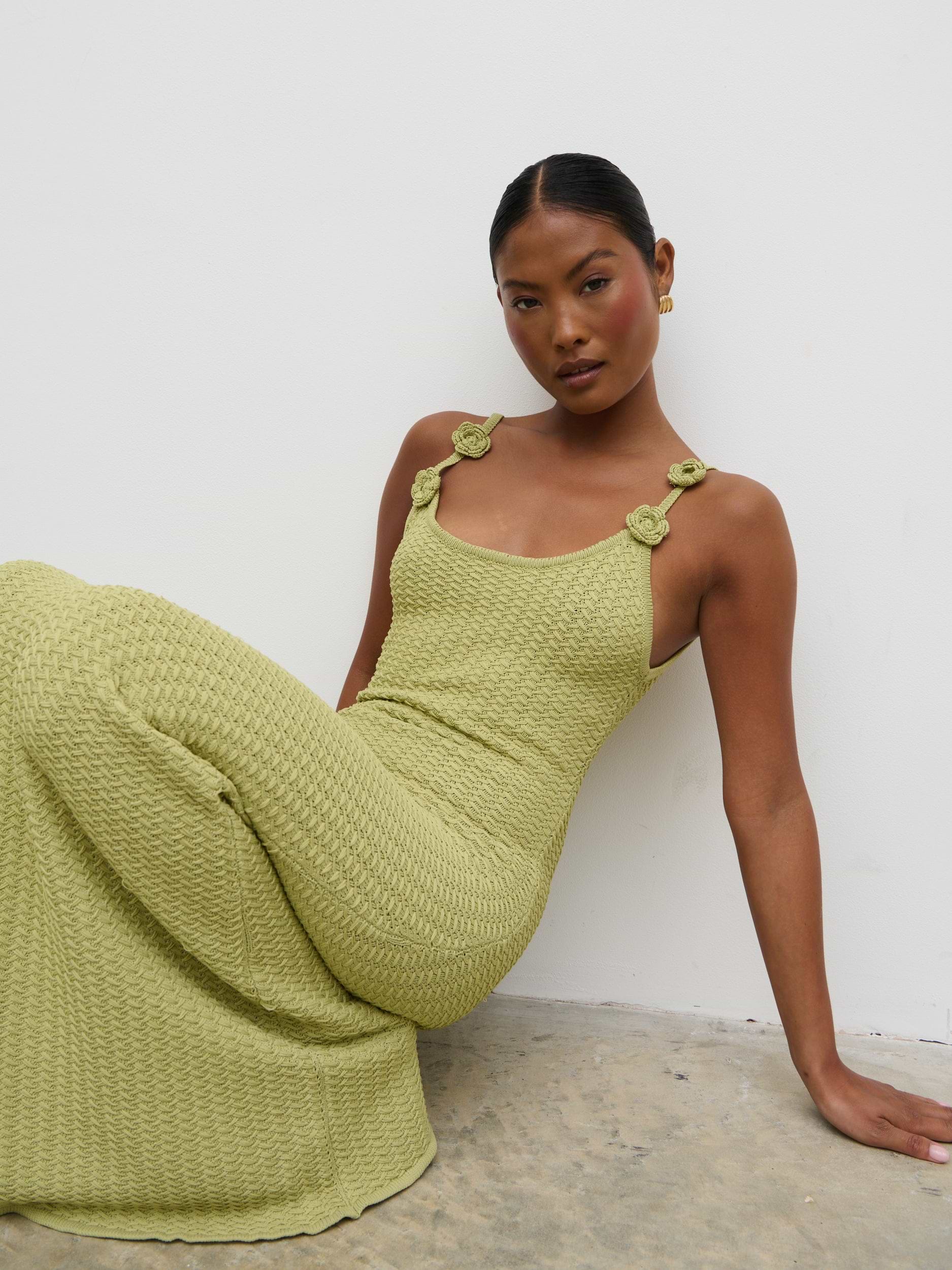 Astrid Rosette Sleeve Knit Maxi Dress - Green