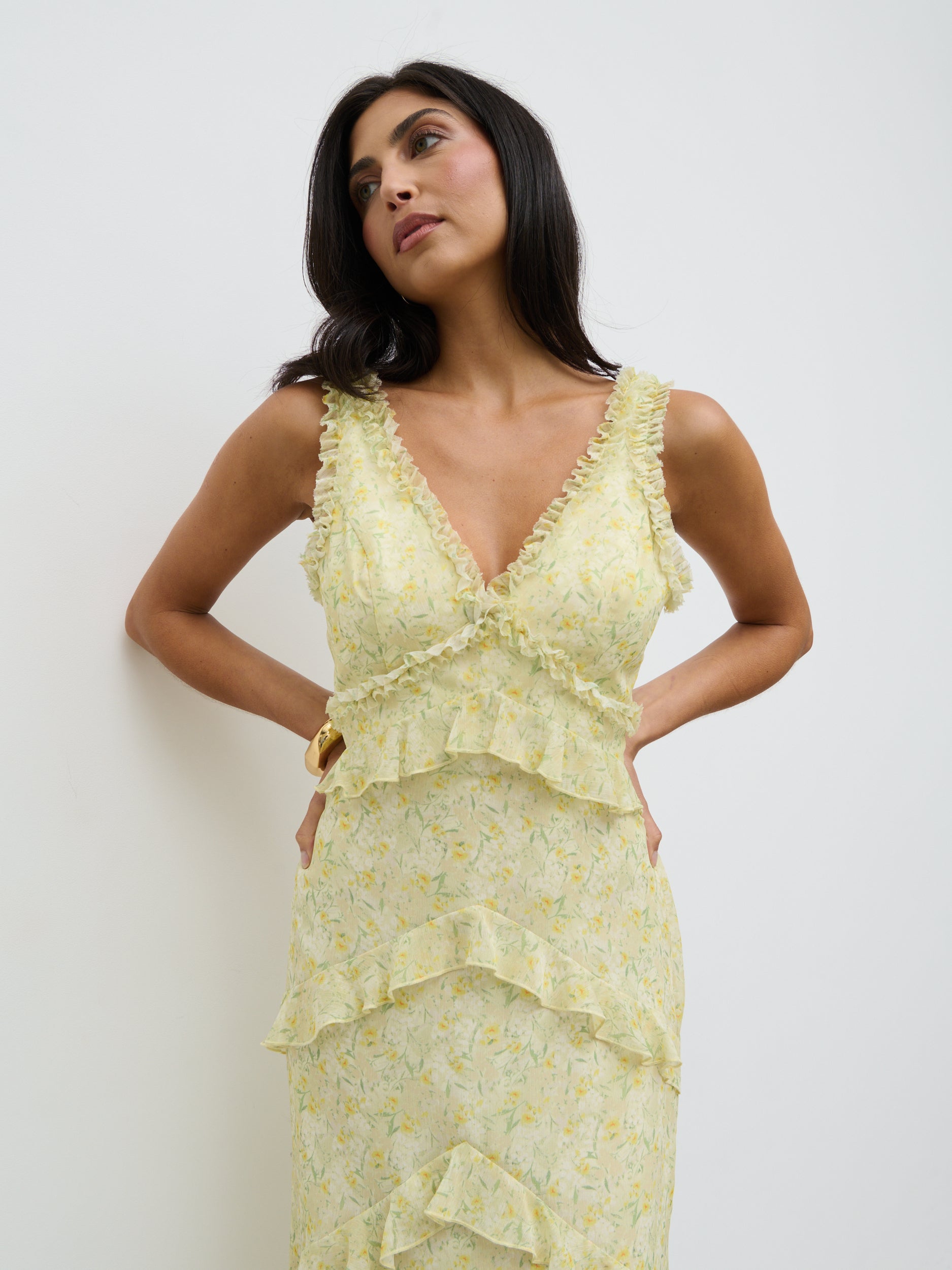 Aurelia Ruffle Maxi Dress - Lime Ditsy Floral