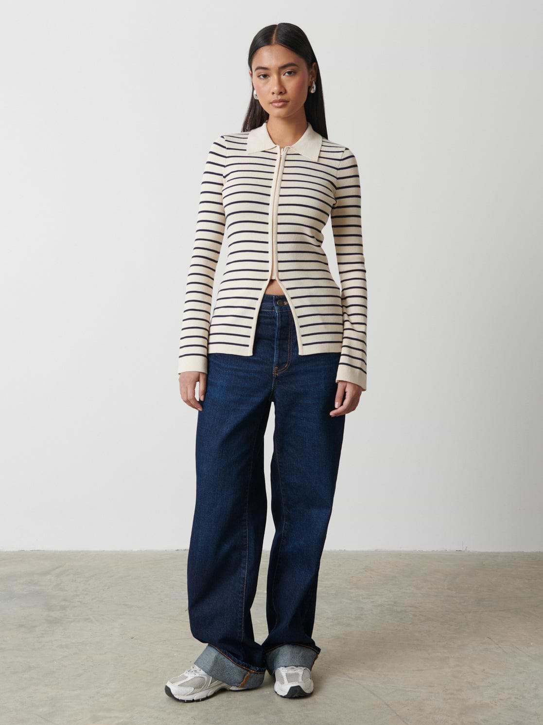 Avery Striped Zip Knit Top - Cream and Navy