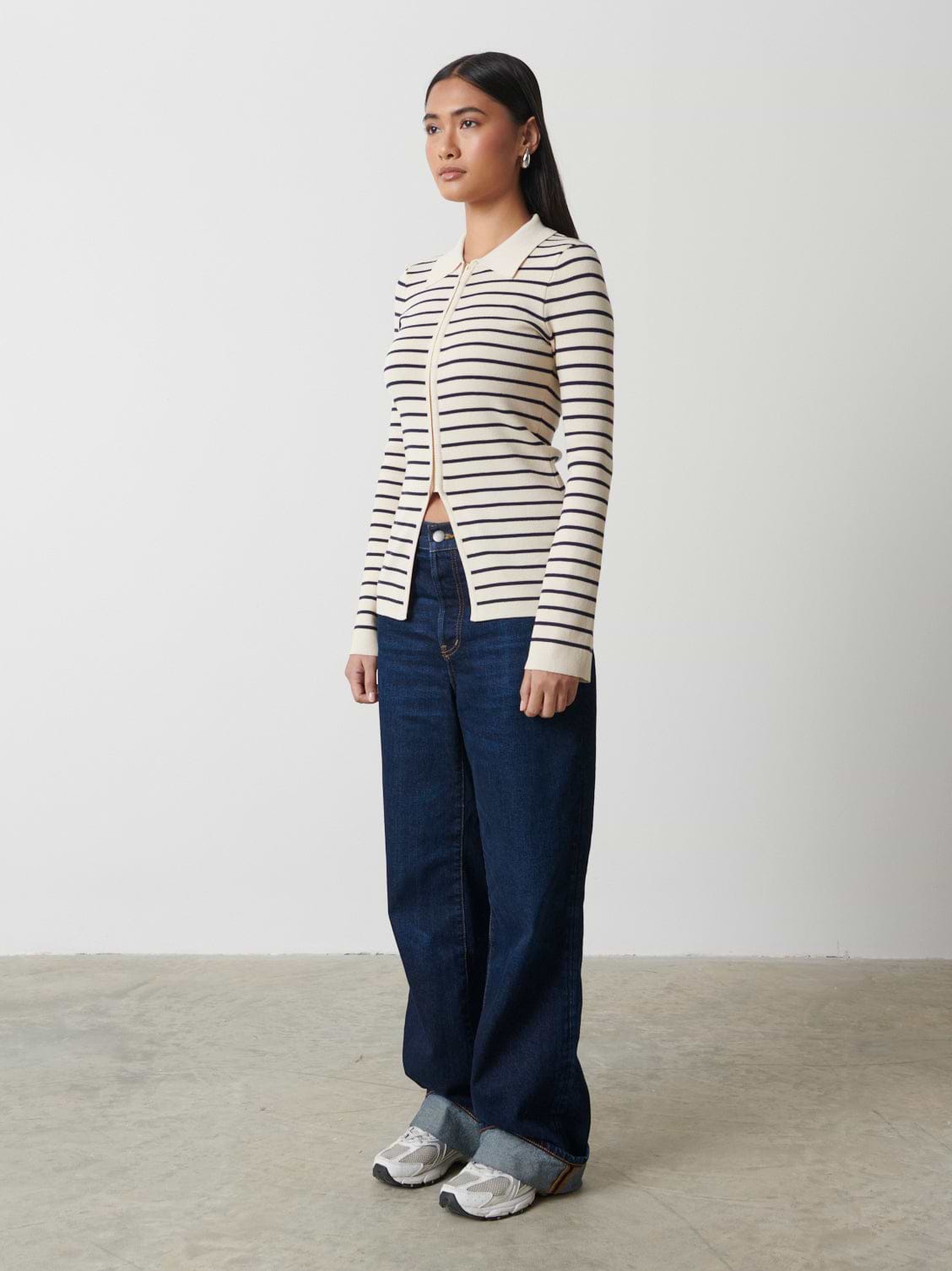 Avery Striped Zip Knit Top - Cream and Navy