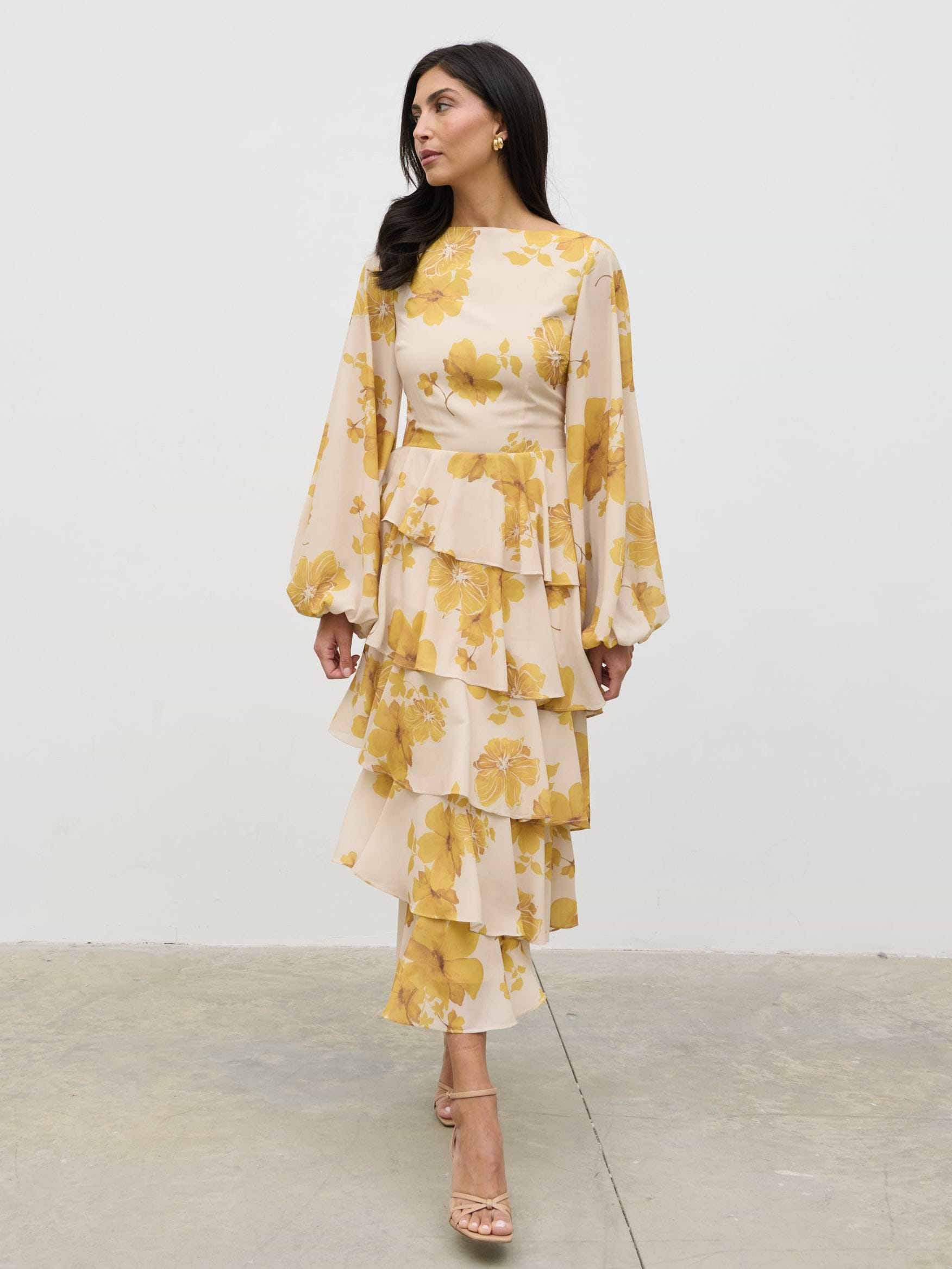 Beatris Backless Ruffle Midaxi Dress - Yellow Ochre Floral