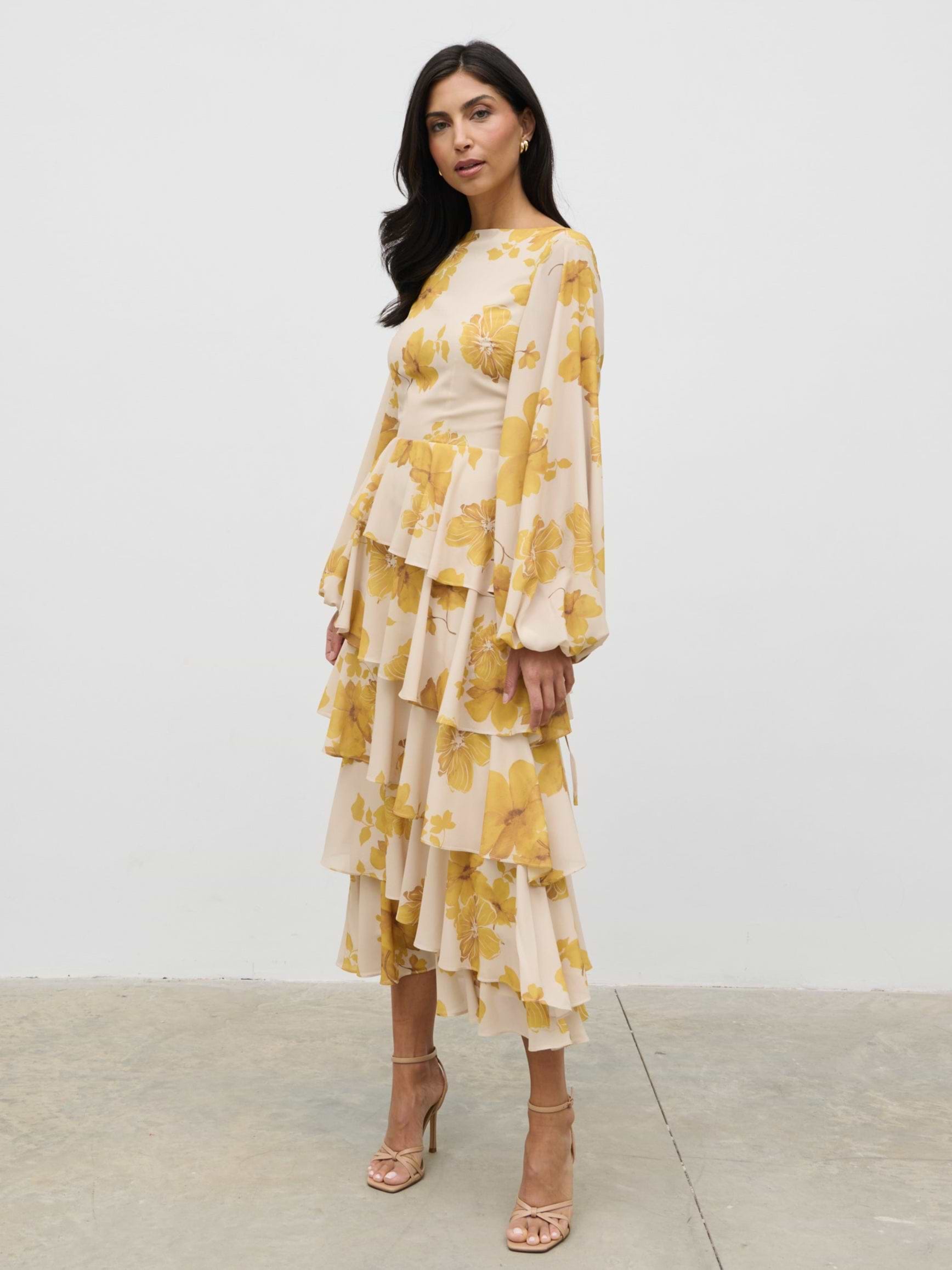 Beatris Backless Ruffle Midaxi Dress - Yellow Ochre Floral