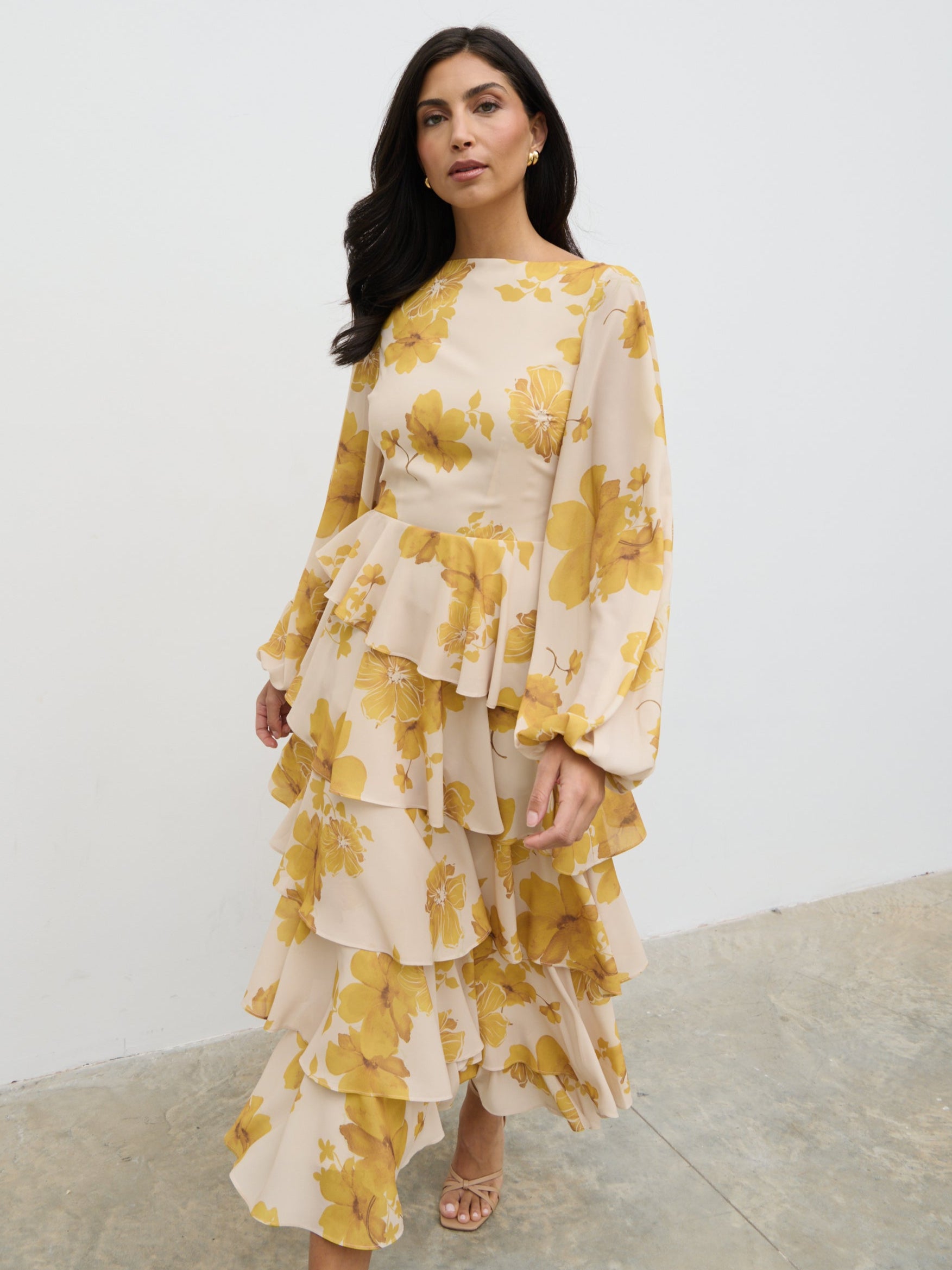 Beatris Backless Ruffle Midaxi Dress - Yellow Ochre Floral