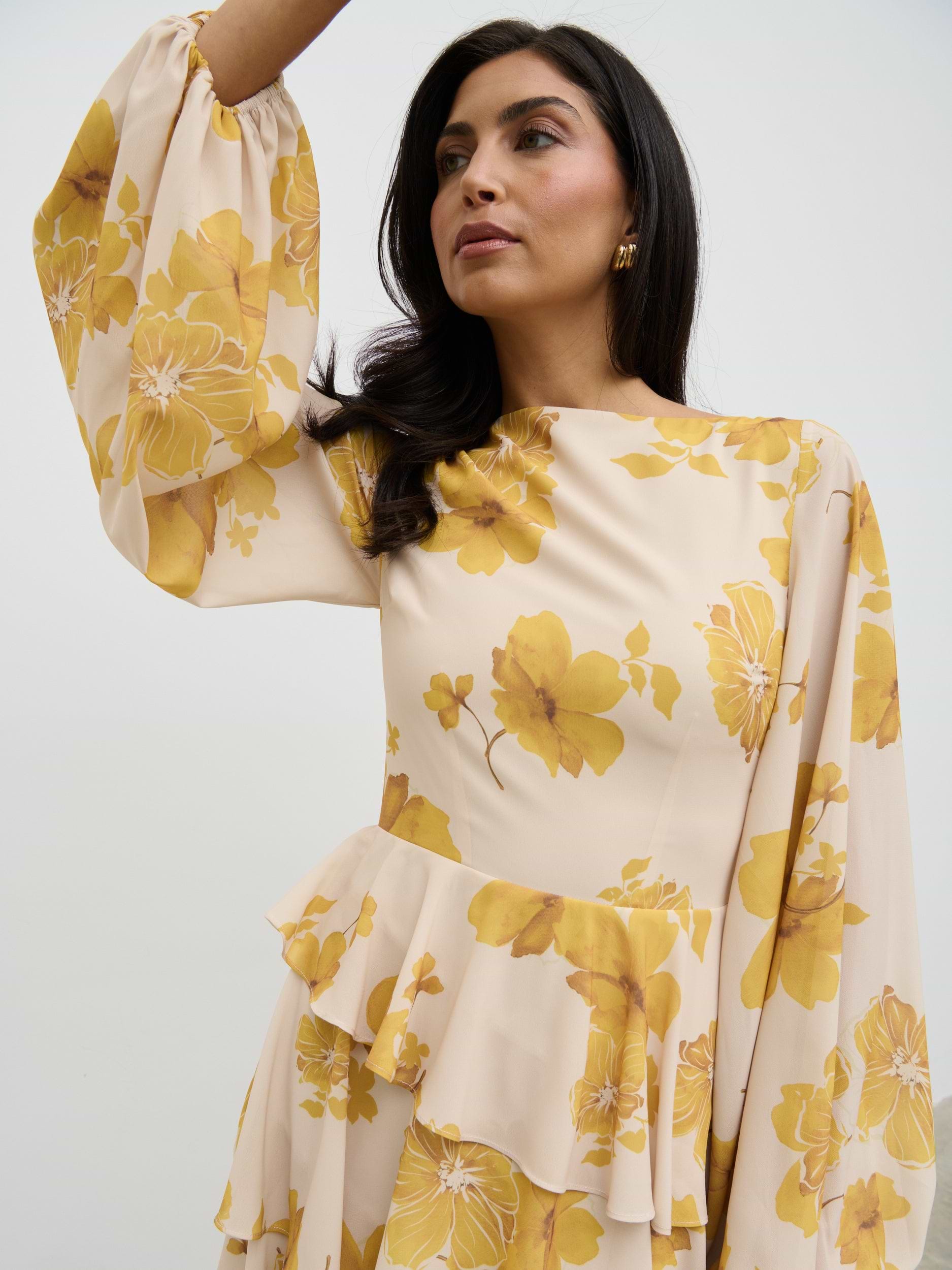 Beatris Backless Ruffle Midaxi Dress - Yellow Ochre Floral