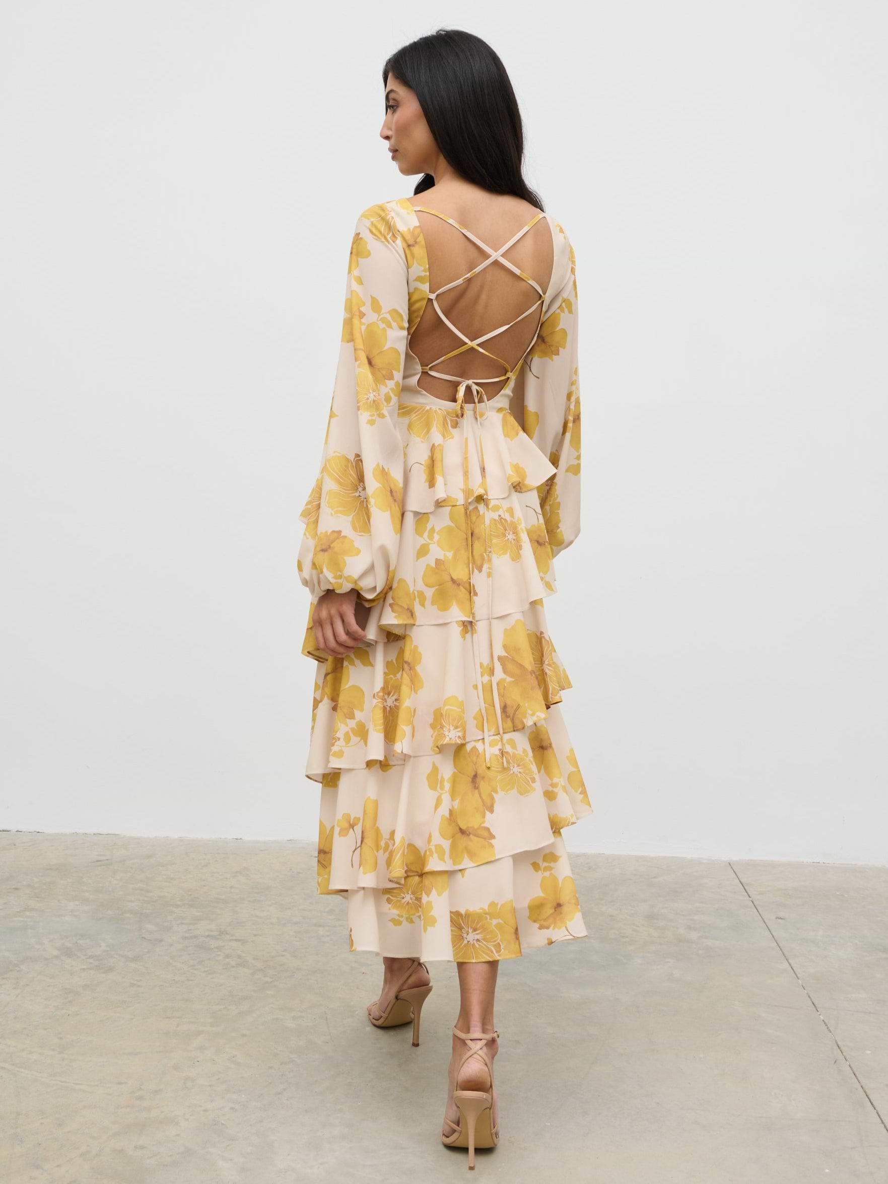 Beatris Backless Ruffle Midaxi Dress - Yellow Ochre Floral