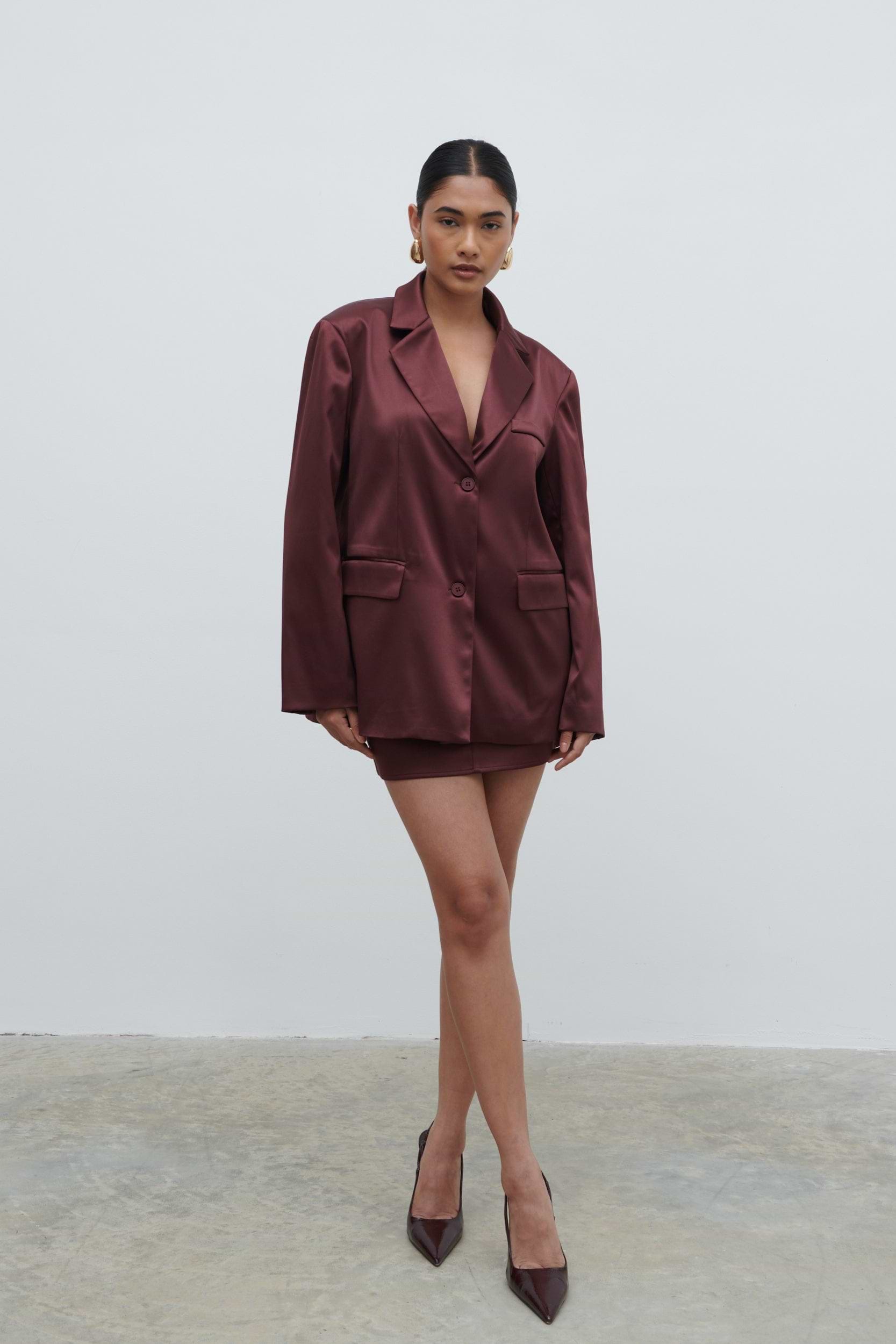 Beck Satin Oversized Dad Blazer - Deep Wine