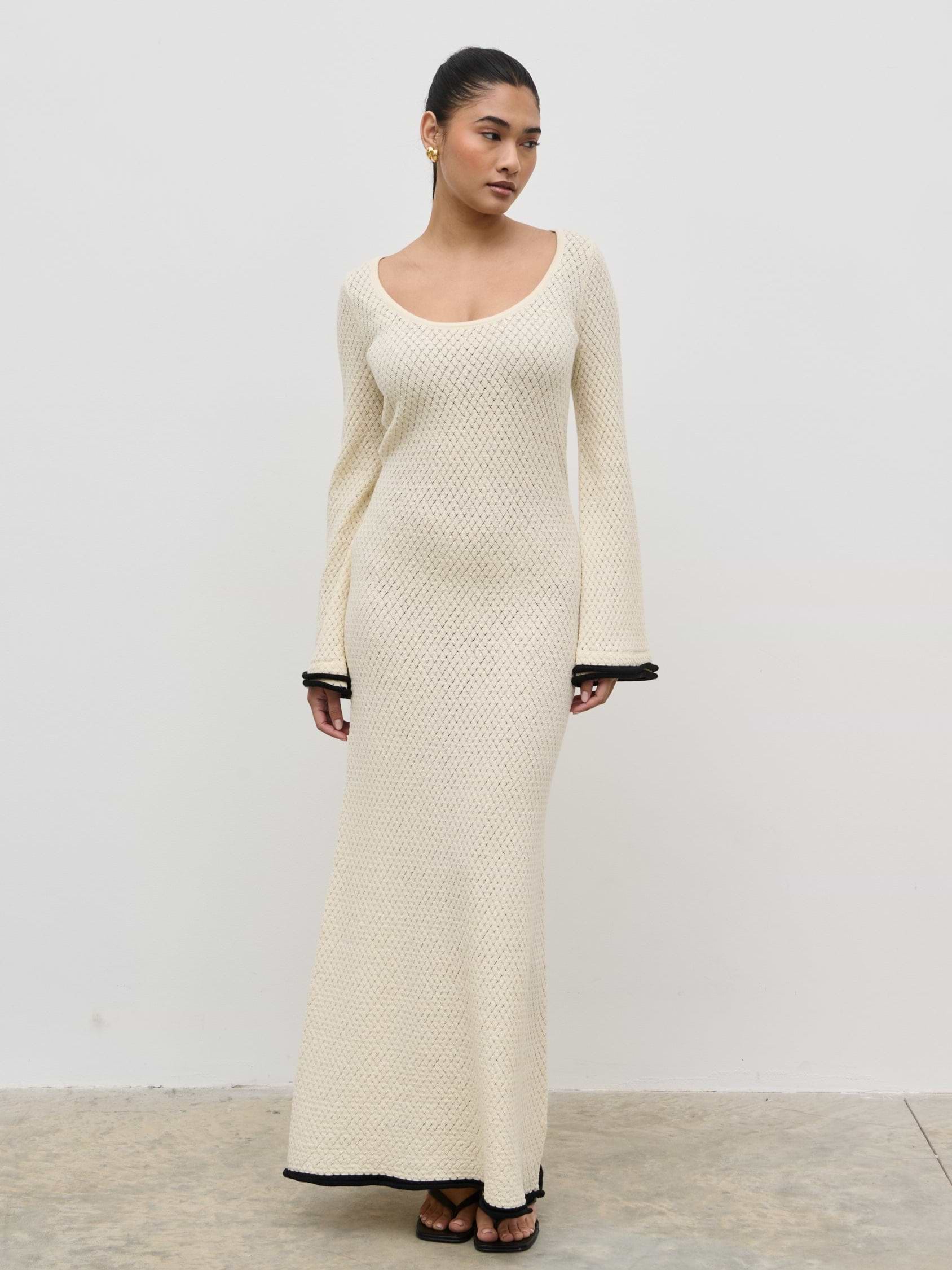 Bellamy Frill Tiered Sleeve Knit Maxi Dress - Cream