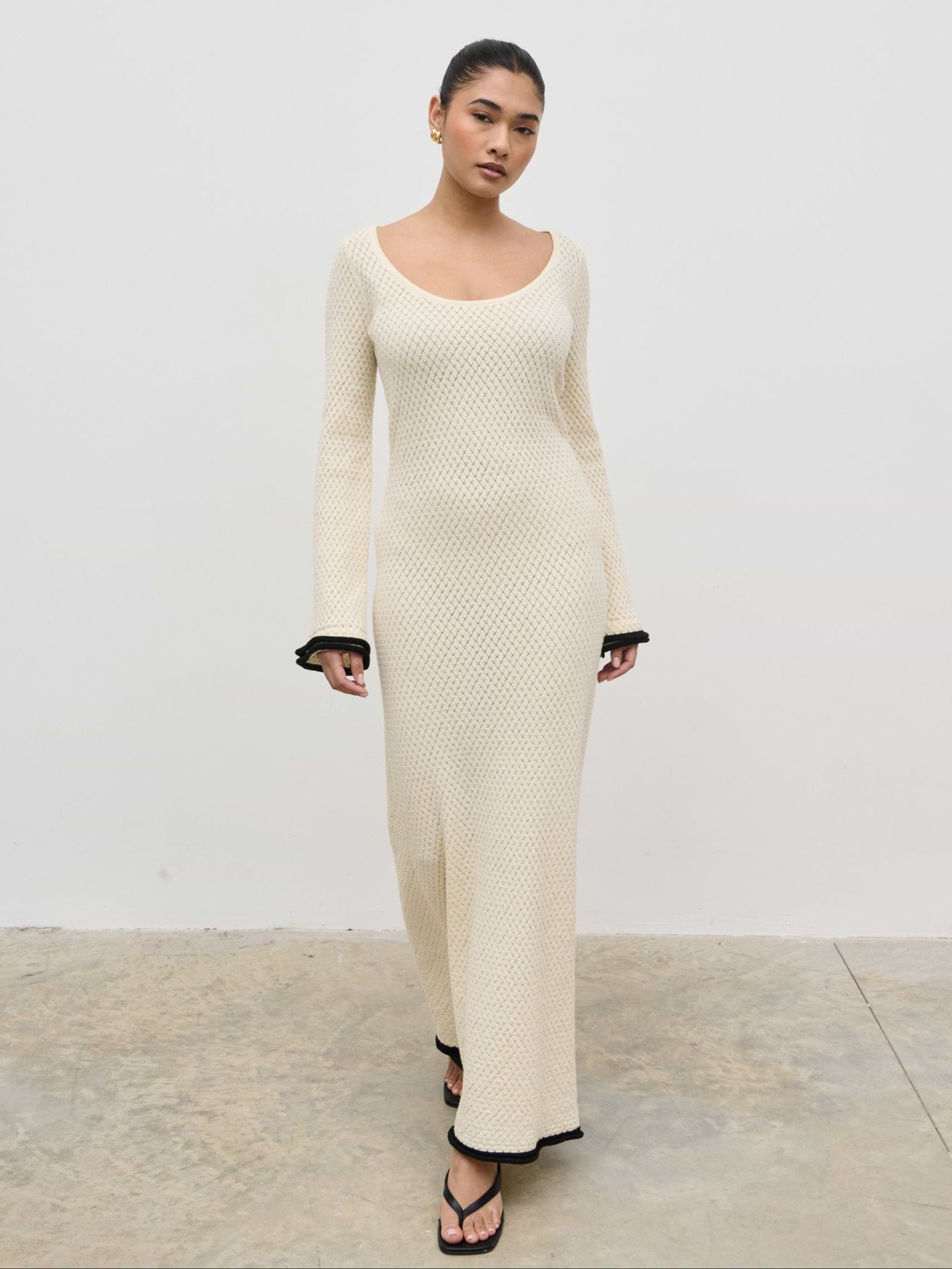 Bellamy Frill Tiered Sleeve Knit Maxi Dress - Cream