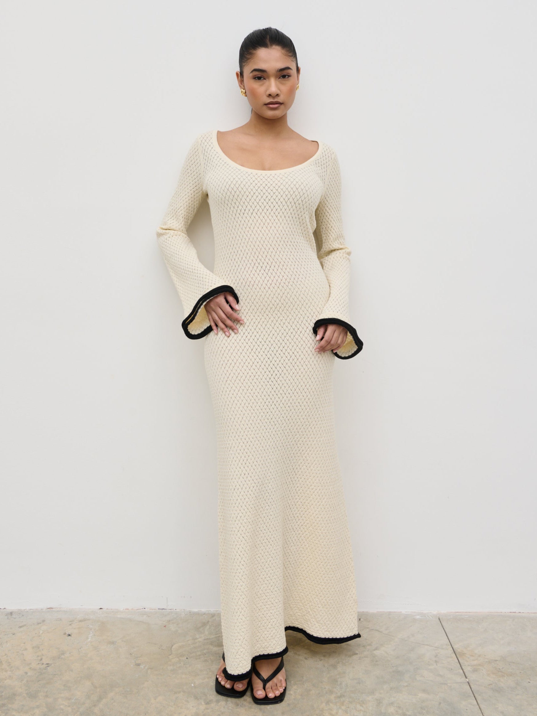 Bellamy Frill Tiered Sleeve Knit Maxi Dress - Cream