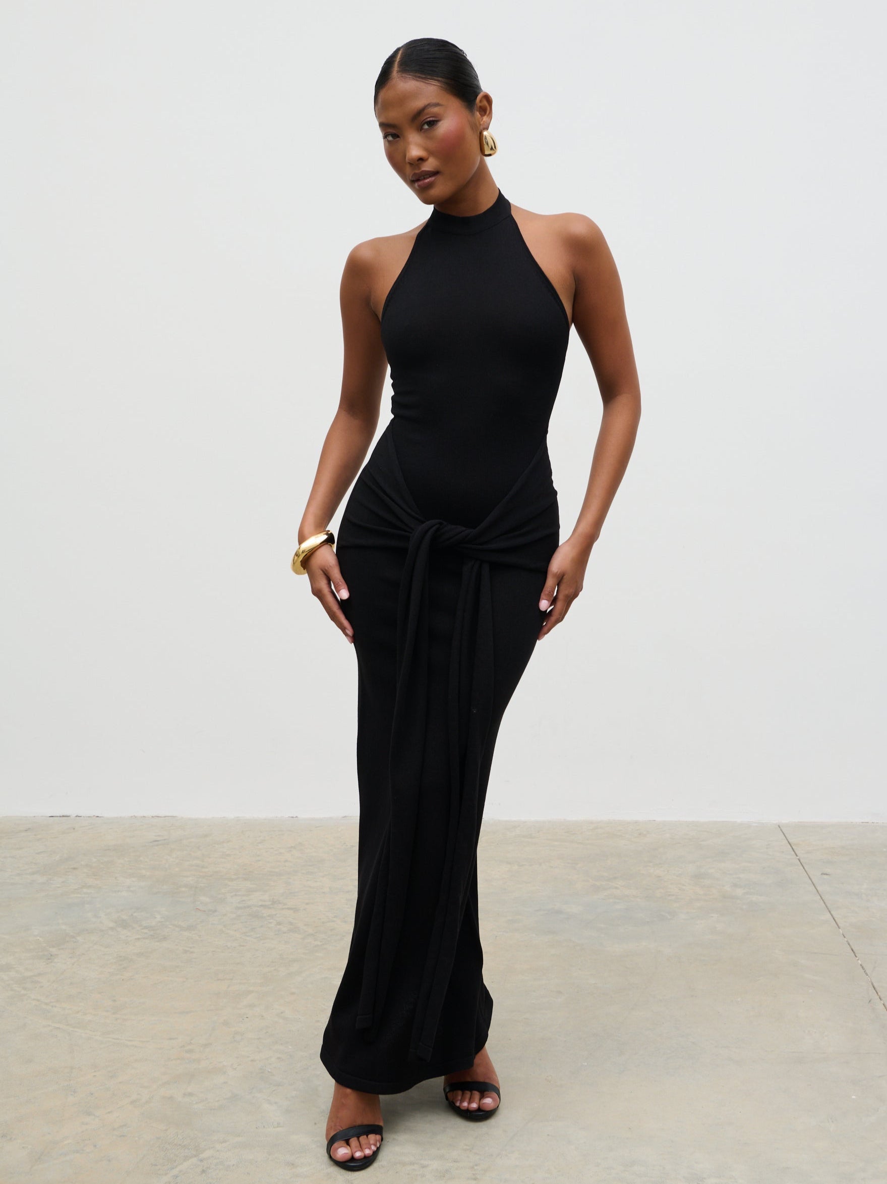 Bernelle Halterneck Tie Waist Knit Midaxi Dress - Black